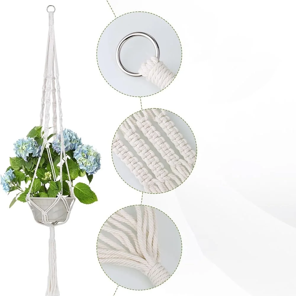 Подвесное кашпо макраме Хлопковая веревка с кисточками Бежевое Набор из 2 шт., фото №3