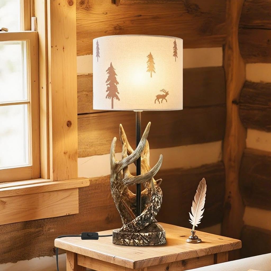 Настільна лампа зі смоли в рустикальному стилі тканинний абажур з мотивом оленя та дерева основа у вигляді рогів коричнева бежева, фото №3