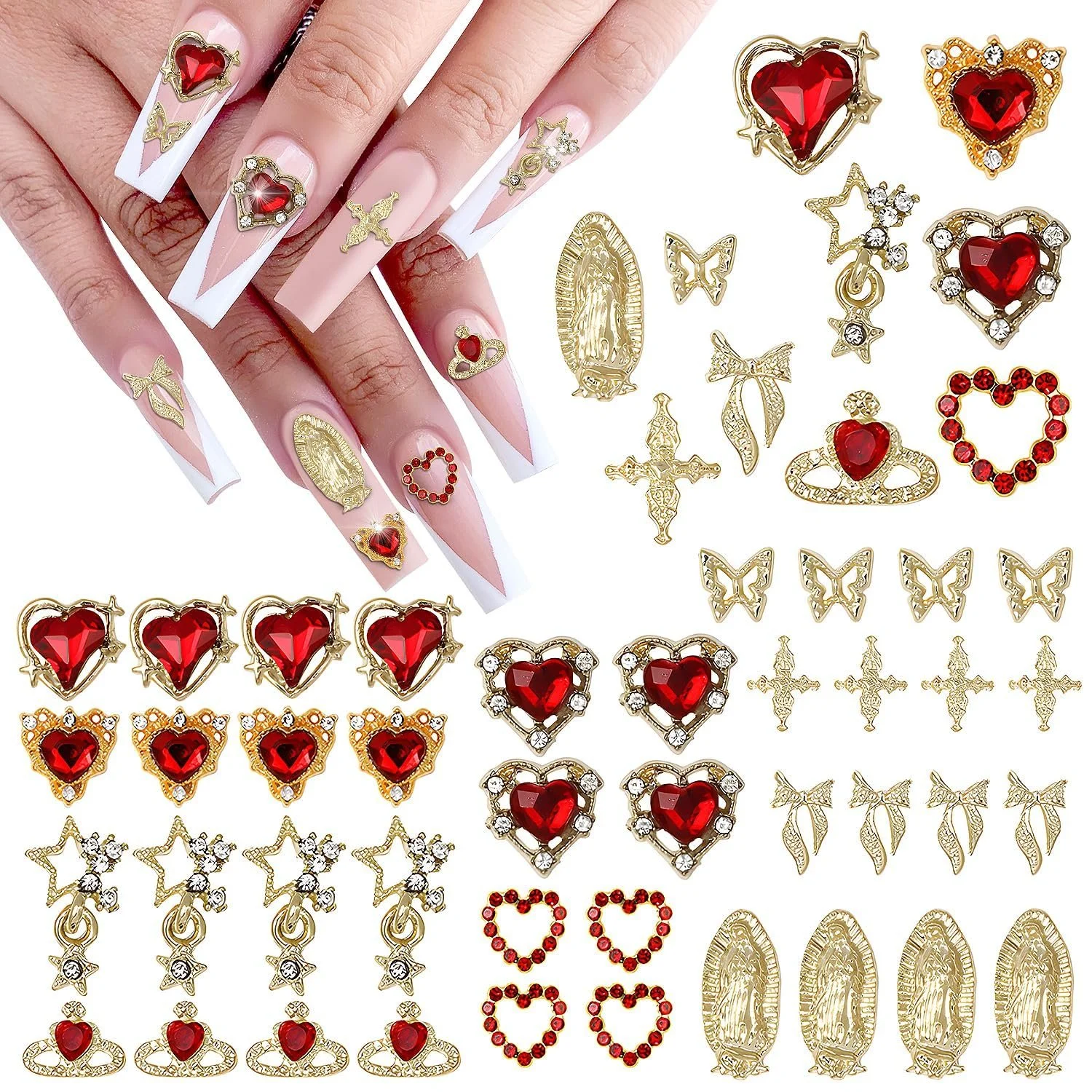 Набор шармов для ногтей 3D Gold Heart, Butterfly & Cross золотистые, фото №1