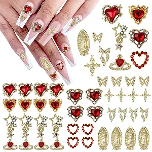 Набор шармов для ногтей 3D Gold Heart, Butterfly & Cross золотистые - Фото 1