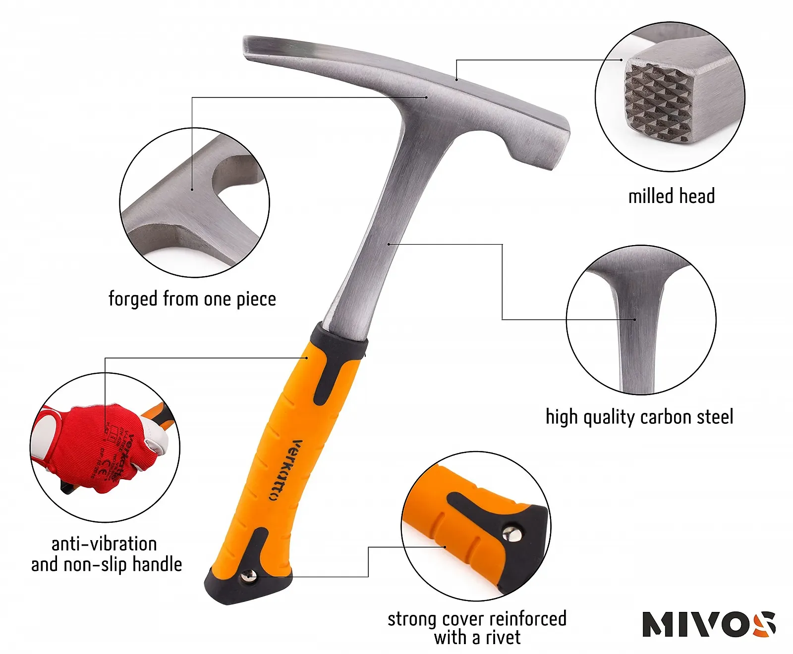 Молоток муляра Mivos Professional 600 г суцільносталевий кований рейнської форми, фото №2 Молоток муляра Mivos Professional 600 г суцільносталевий кований рейнської форми, фото №2