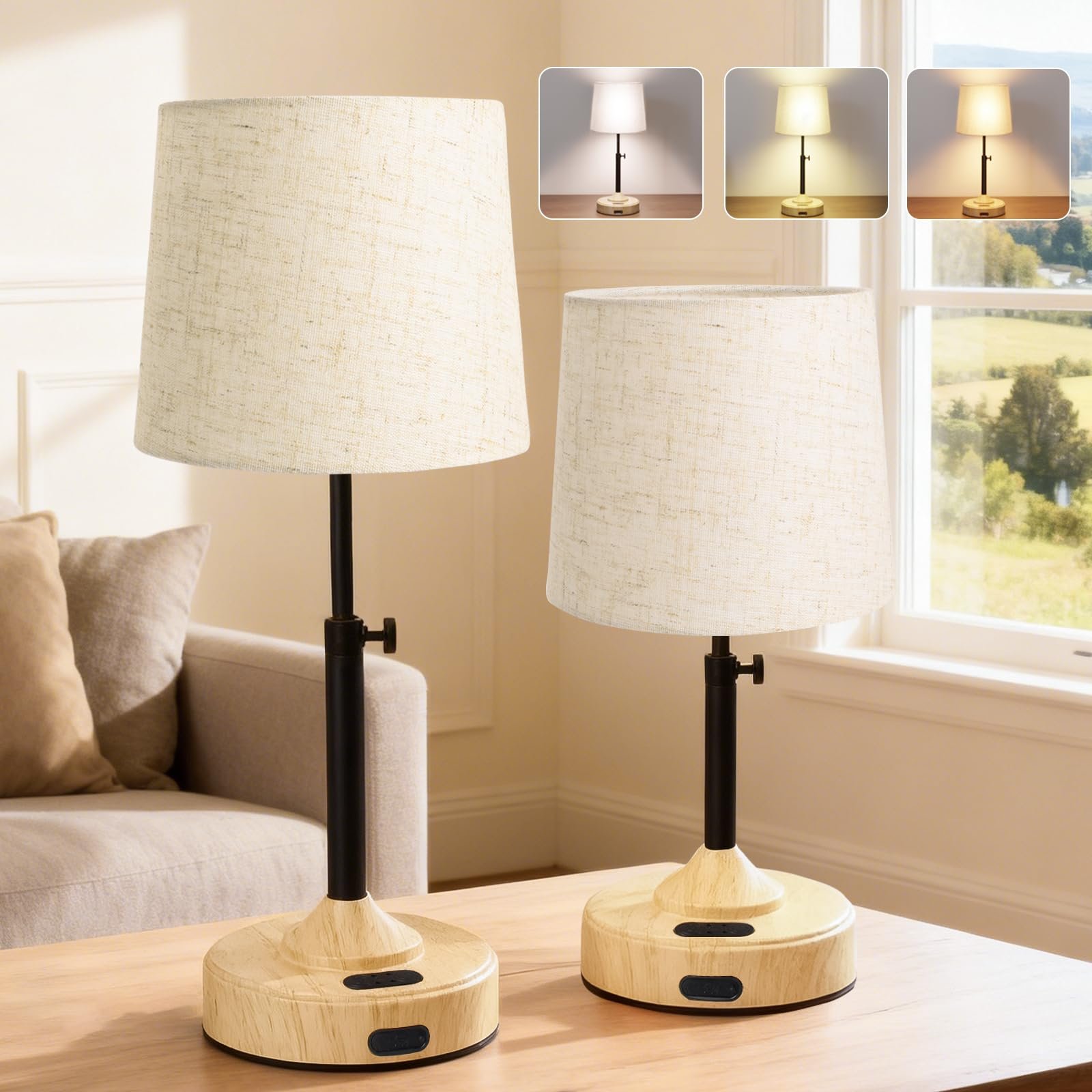 Настільна лампа бездротова сенсорна 2700 K - 5000 K з таймером та лляним абажуром комплект з 2 шт., фото №1