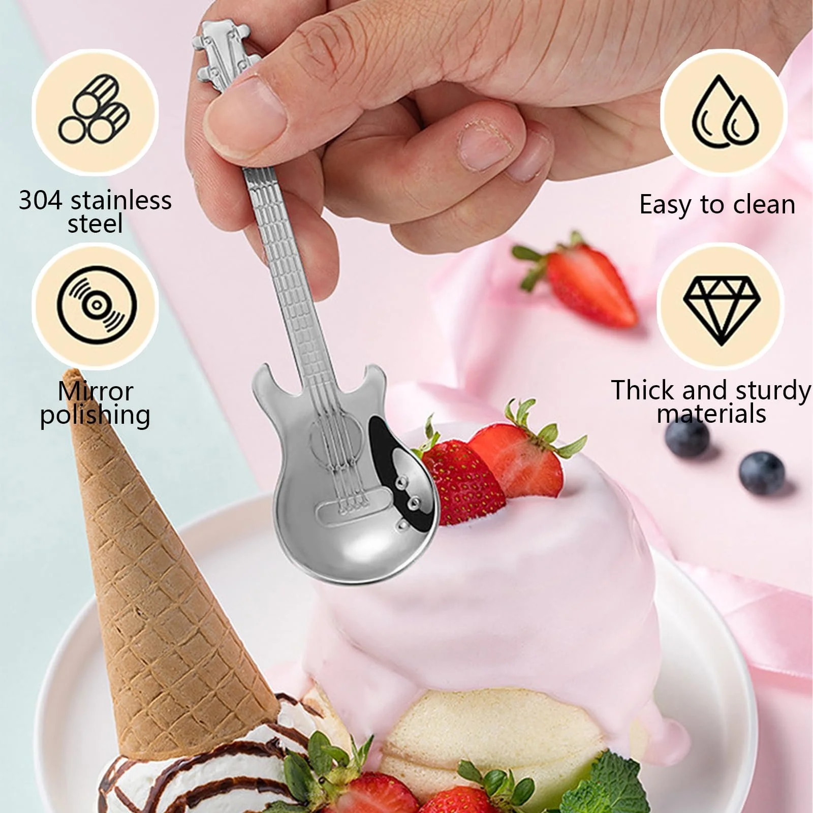 Набор кофейных ложек в форме гитары, 4 шт, гитара, нота, серебристый, фото №3