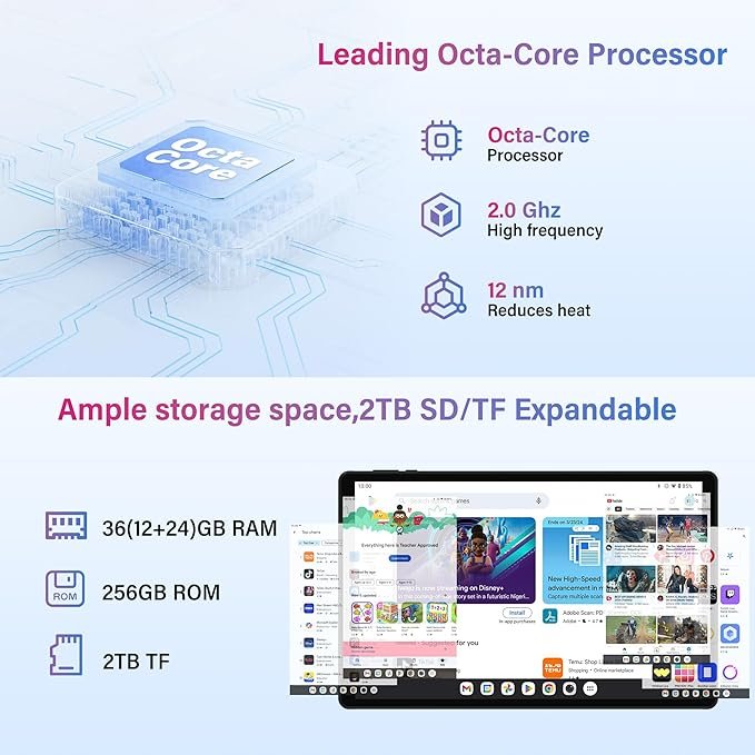 Планшет 10.4" Full HD RUSHAR P107 12+24/256Gb 4G 2-SIM 8 ядер Android 14 8000 mAh Чорний, фото №4