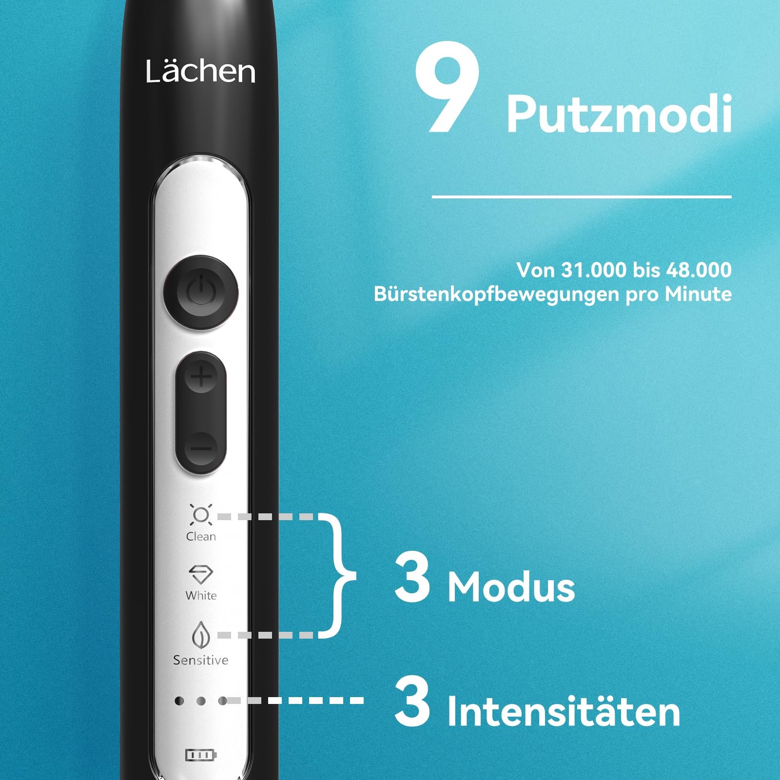 Електрична звукова зубна щітка Lächen з 4 насадками та таймером Чорна B-Black, фото №3