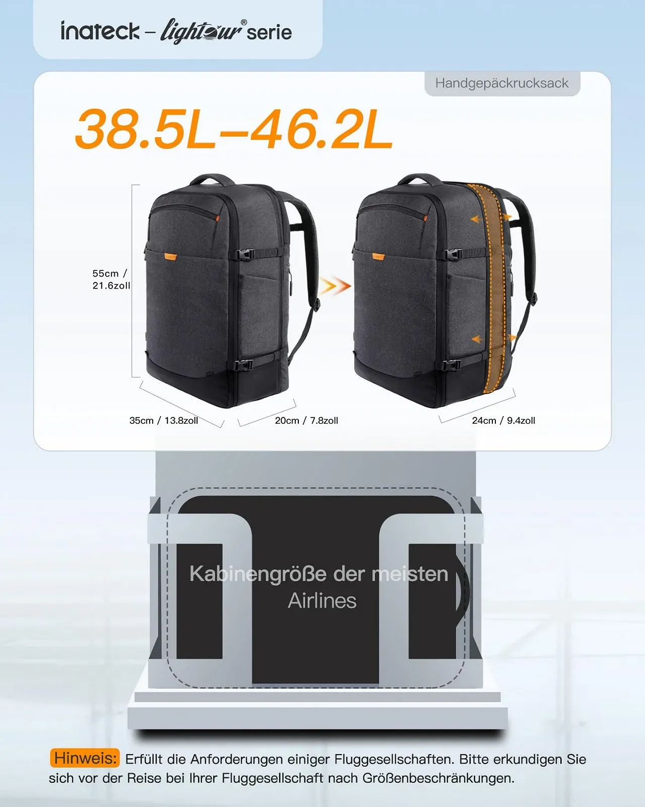 Рюкзак для ноутбука Inateck 38,5-46,2 л Expandable 15,6 дюйма Splashproof, фото №2