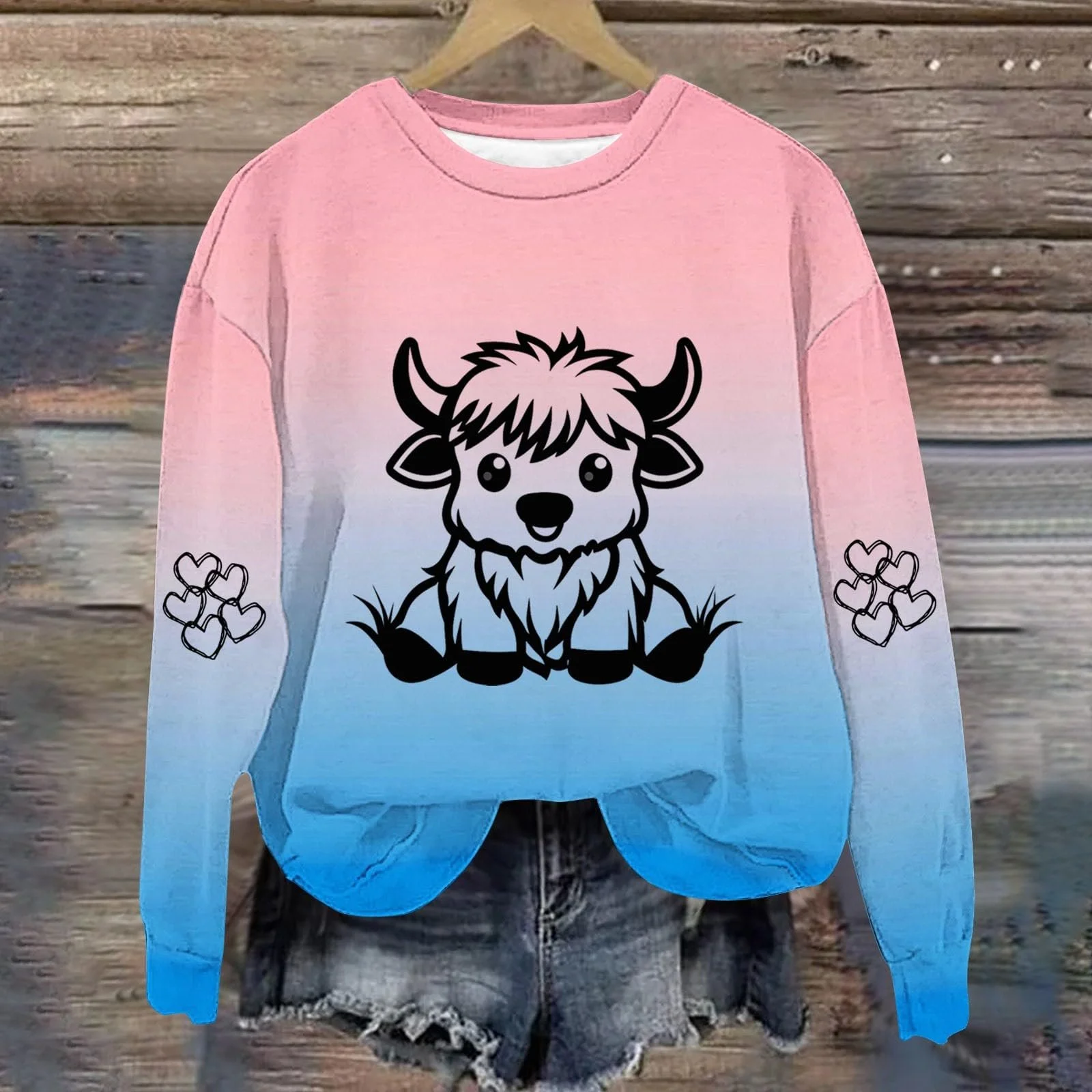Пуловер Komiseup Basic С круглым вырезом Рубашка с длинными рукавами Винтажный коровий принт Свитшот с длинными рукавами без капюшона Свободный Повседневный Пуловер Праздничные животные мотивы Спортивная рубашка для девушек-подростков Streetwear 07, фото №2
