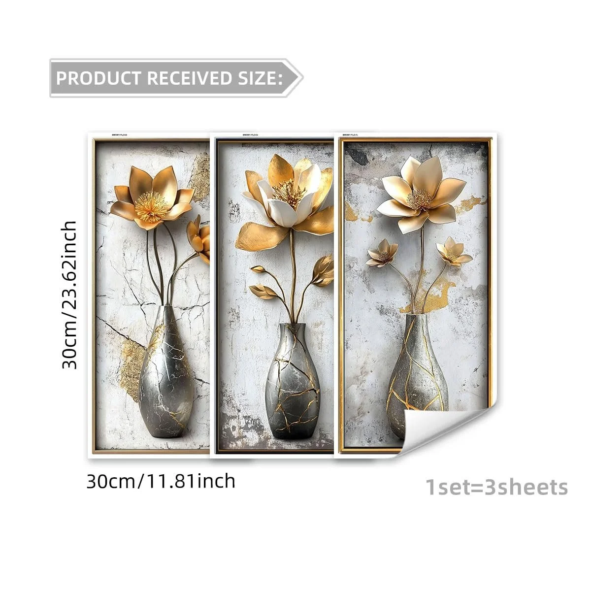 3D-наклейки на стіну Runtoo Золота ваза з квітами, фото №5