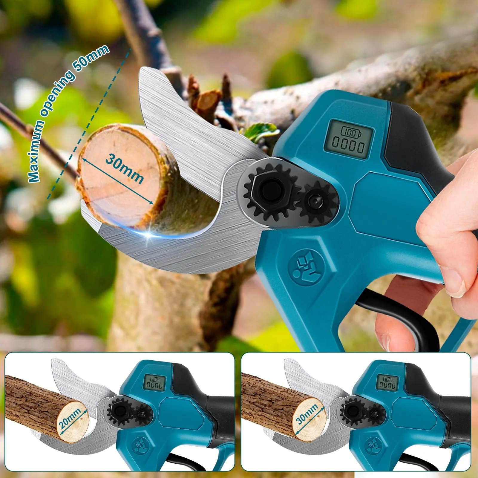 Акумуляторний гілкоріз WingFly, електричний секатор з 2 акумуляторами, безщітковий двигун, максимальний діаметр різання 28 мм, синій, фото №3