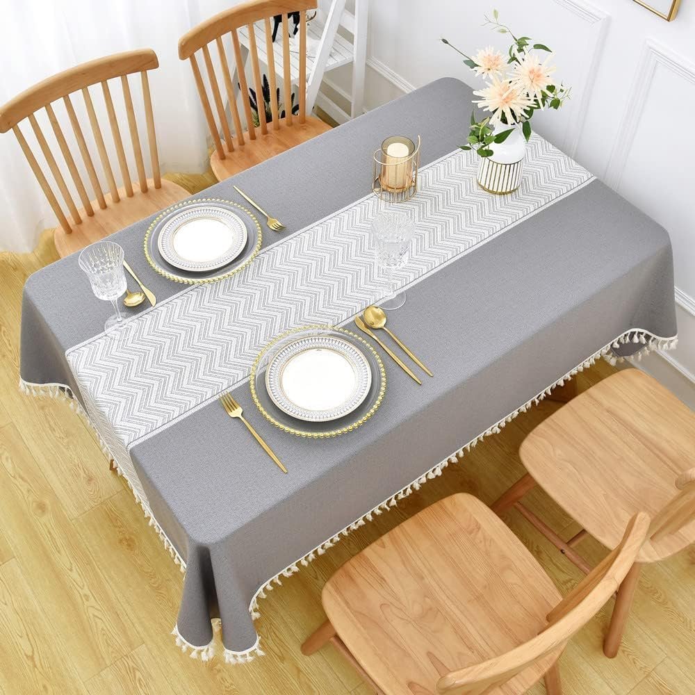 Скатертина мийна Yofori Boho 135 x 135 см квадратна бавовна/поліестер сіра з китицями, фото №7
