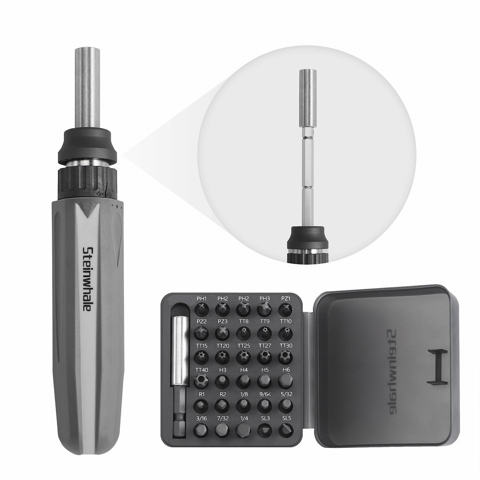 Комплект викруток Steinwhale 32 в 1 Ratchet з штовхаючою викидною розширювальною штангою, тріскачкою на 48 зубців, нековзкою м'якою рукояткою, магнітотримачем для біт, 30 шт. біт з S2 сталі, фото №1