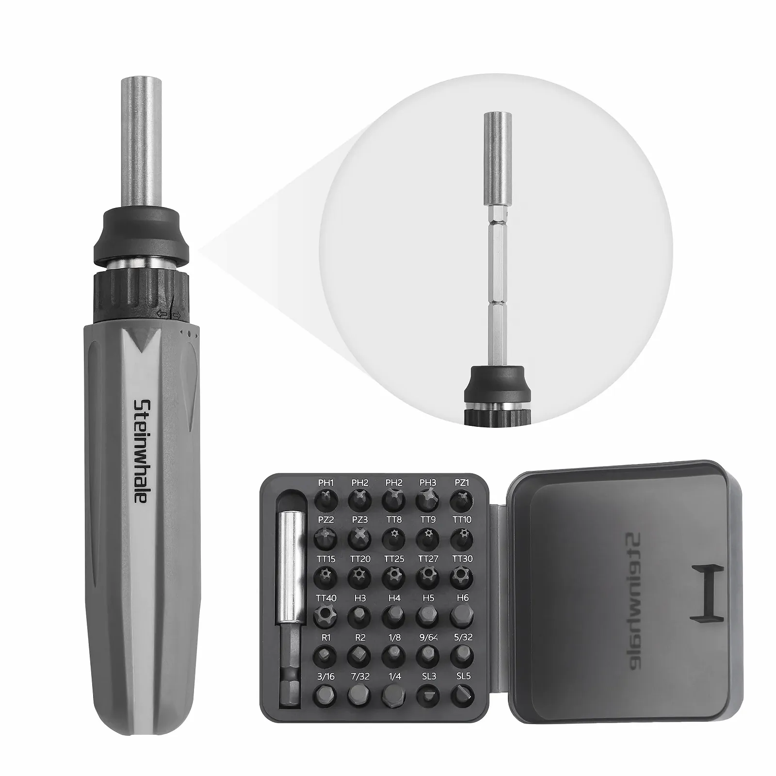 Набор отверток Steinwhale 32 в 1 Ratchet с толкающим выдвижным удлинителем, трещоткой на 48 зубов, нескользящей мягкой рукояткой, магнитным держателем для бит, 30 шт. бит из стали S2, фото №1
