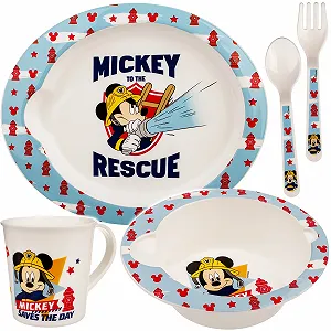 Набір дитячого посуду Mickey Mouse 5 предметів: тарілка, миска для пластівців/супу, чашка, ложка, виделка, різнокольоровий - Фото 1