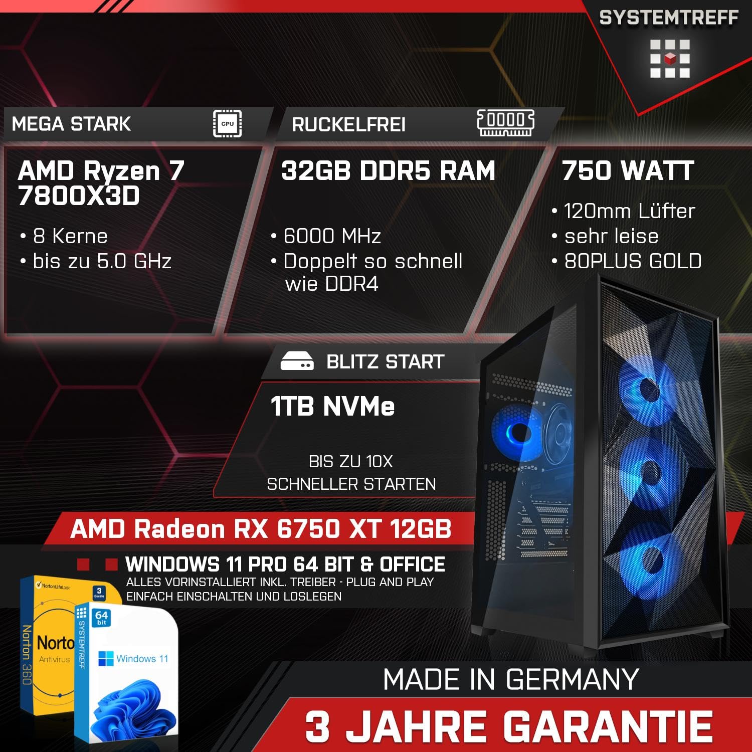 Комп'ютер SYSTEMTREFF Gaming AMD Ryzen 7 7800X3D 8x5GHz AMD Radeon RX 6750 XT DX12 1TB M.2 NVMe 32GB DDR5 RAM WLAN для геймерів, геймерів і стрімерів, фото №2