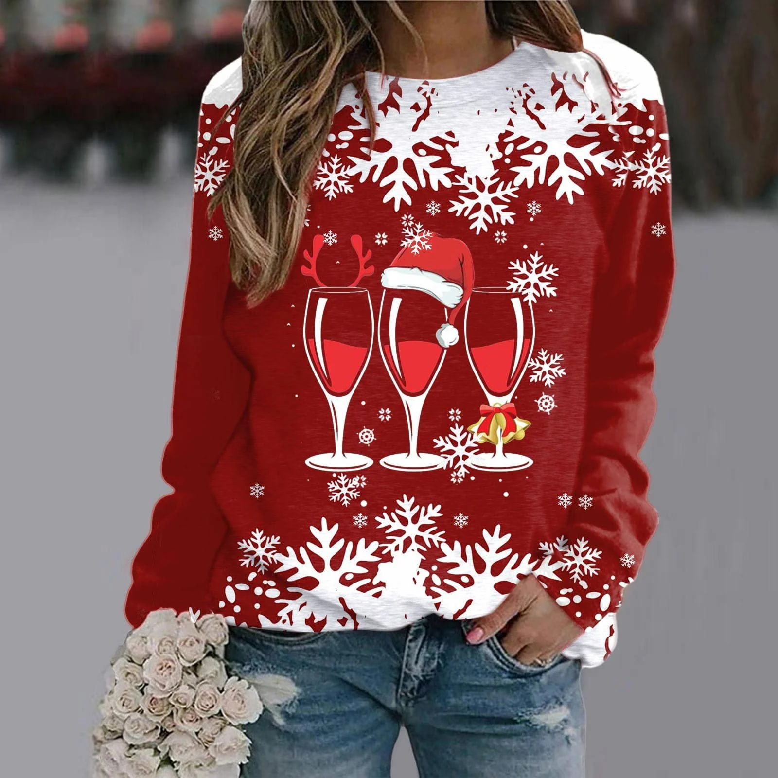 Женский Рождественский Хлопковый Свитшот Рождественская Блузка Удобный Xmas Пуловер Длинный Рукав Большие Размеры Рождественский Осенний Зимний Рождественский Свитер, фото №3