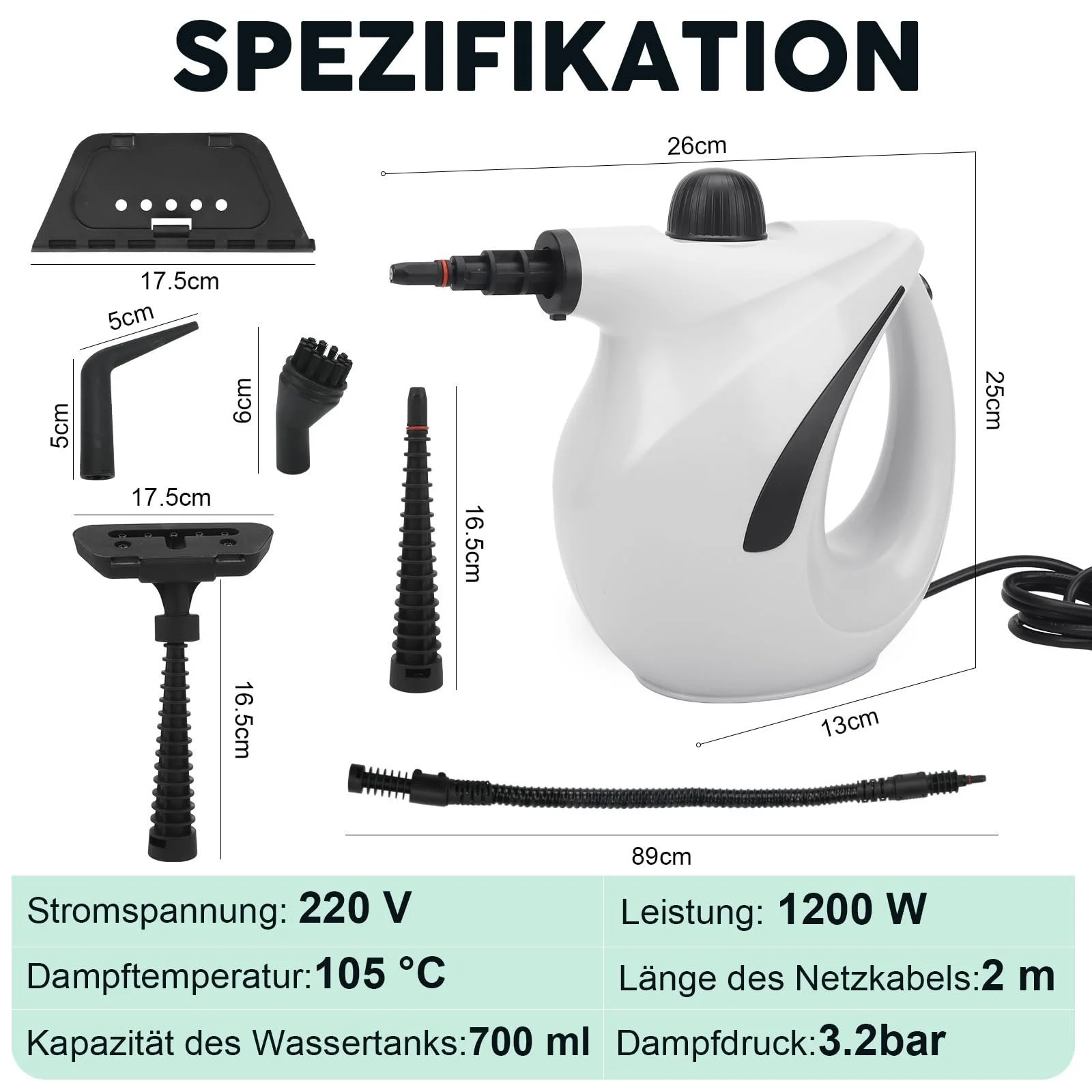 Пароочисник ручний 1200 W 8 аксесуарів 3.2 bar 700 ml портативний для вікон та кухні, фото №8 Пароочисник ручний 1200 W 8 аксесуарів 3.2 bar 700 ml портативний для вікон та кухні, фото №8