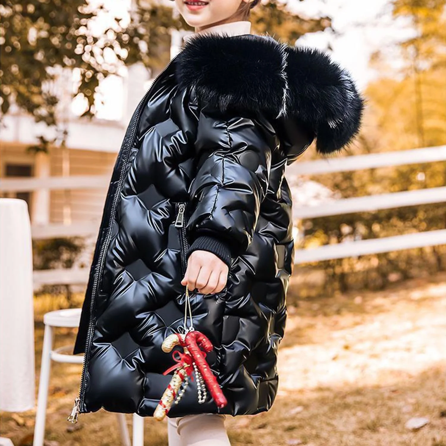 Куртка с капюшоном детская semen для девочек, теплая, из искусственного меха, стеганая, однотонная, толстая, блестящая, зимняя, фото №3