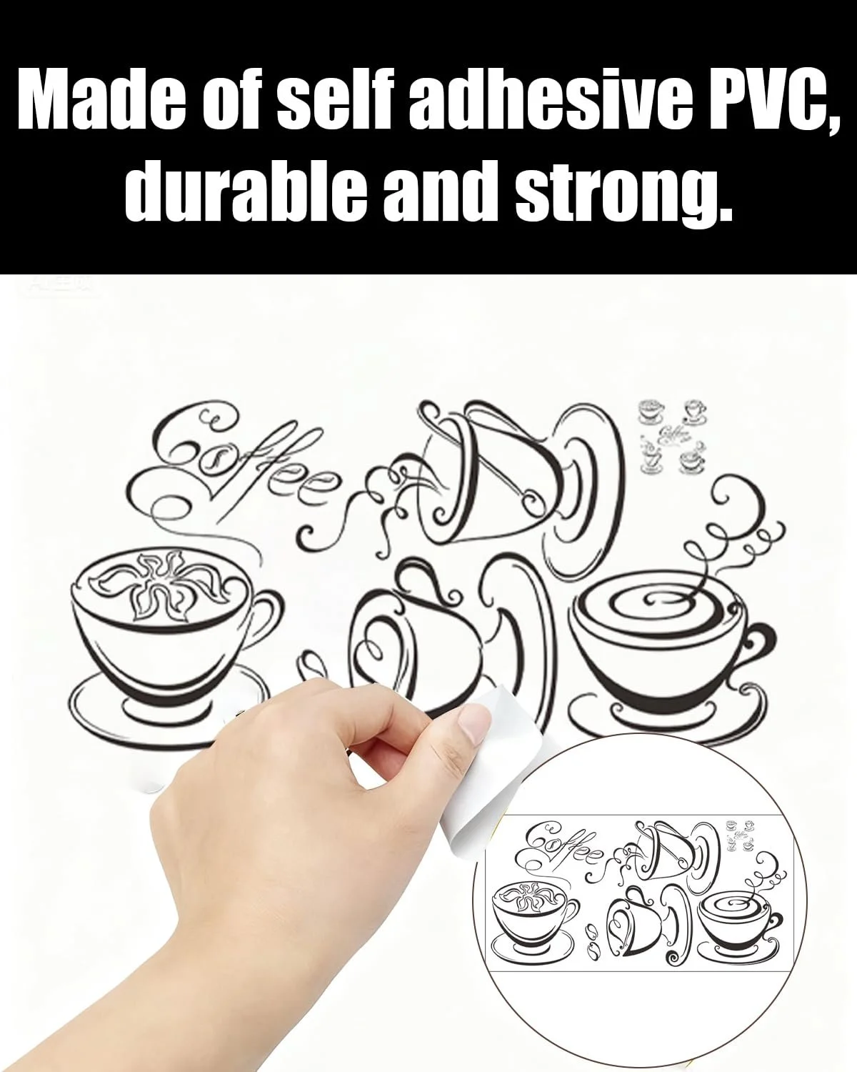 Наклейка для декору стін Кухонна Чашки та зерна кави чорна, фото №3 Наклейка для декору стін Кухонна Чашки та зерна кави чорна, фото №3