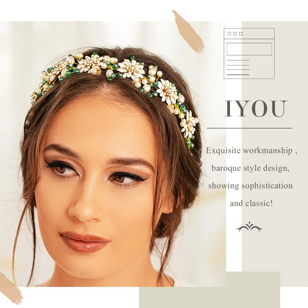 Обруч для волосся Весільний IYOU Квітка Перли Кристал Зелений, фото №3 Обруч для волосся Весільний IYOU Квітка Перли Кристал Зелений, фото №3