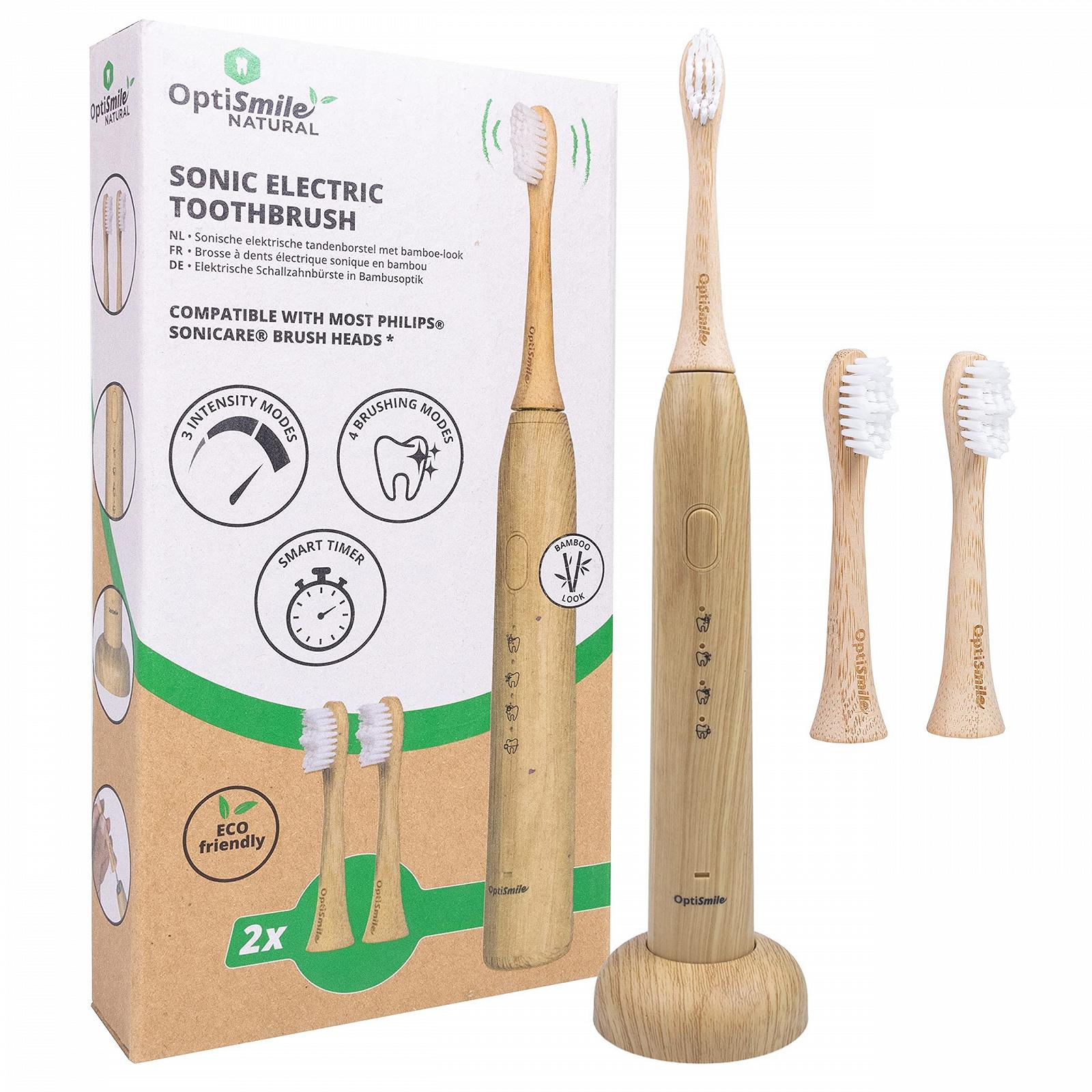Електрична звукова зубна щітка Optismile Bamboo бамбукова, 5 режимів, 2 бамбукові насадки, фото №1
