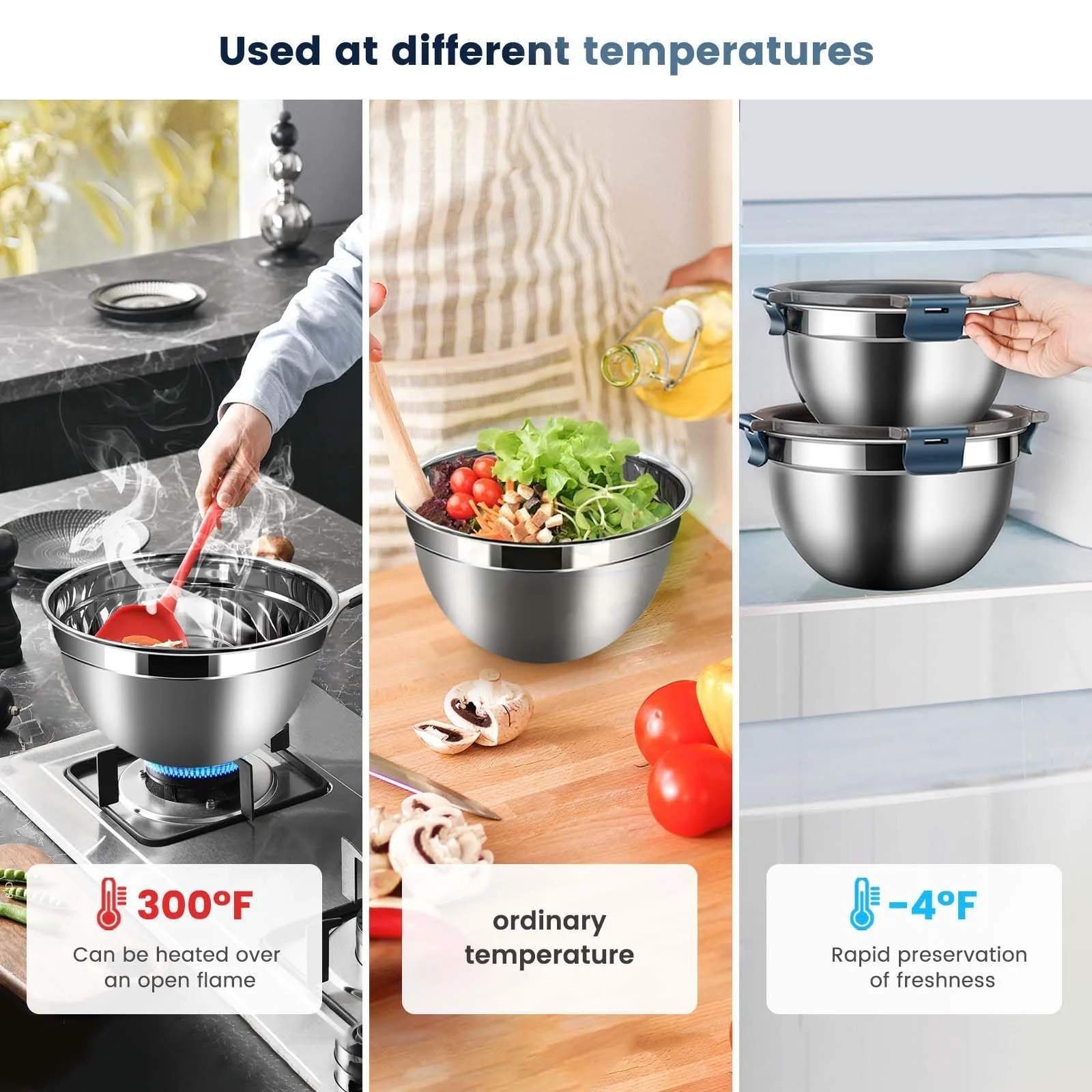 Набір мисок для змішування та зберігання Daily Treasures з кришками з 3 предметів з нержавіючої сталі 1,5 л, 3 л, 5 л, фото №7