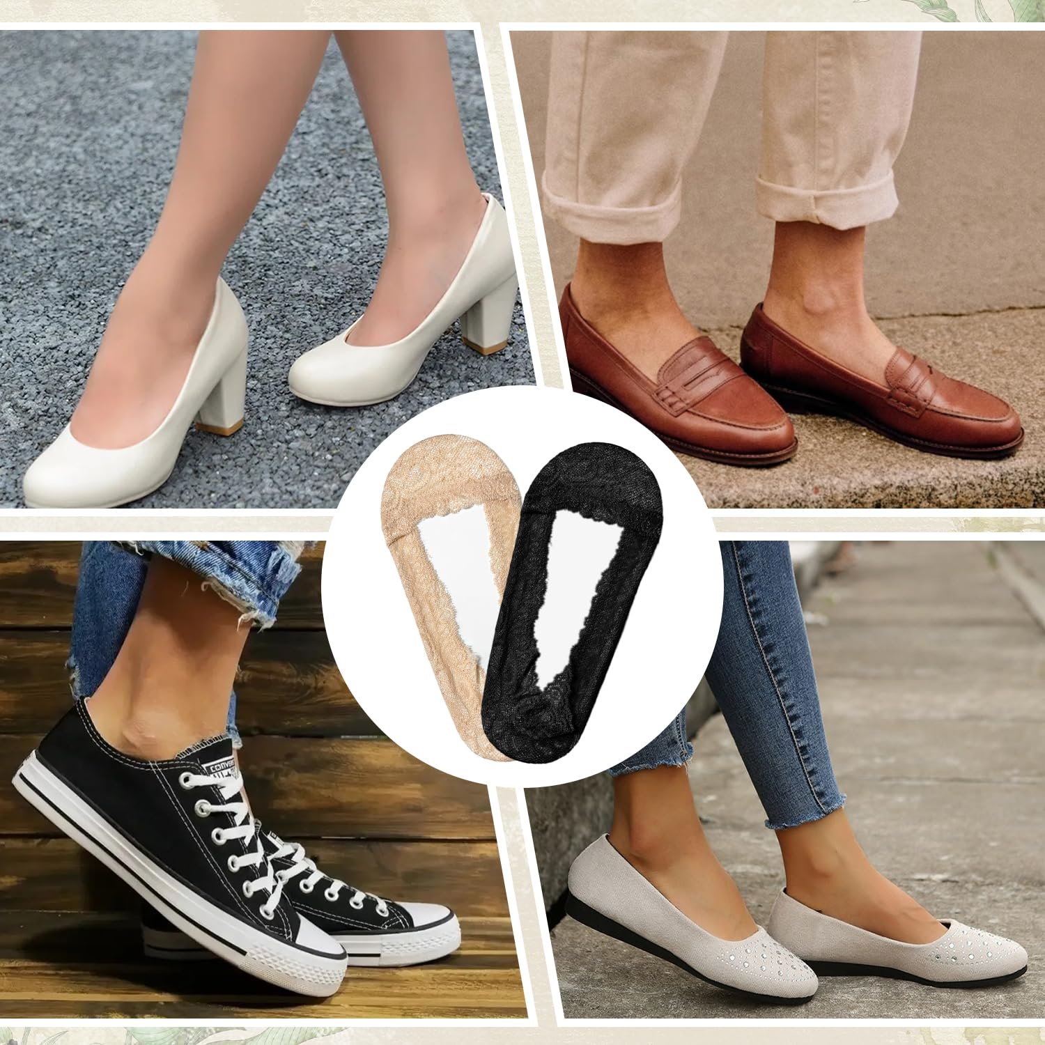 Женские носки-невидимки Кружевные 6 пар - Черный + Натуральный, фото №7