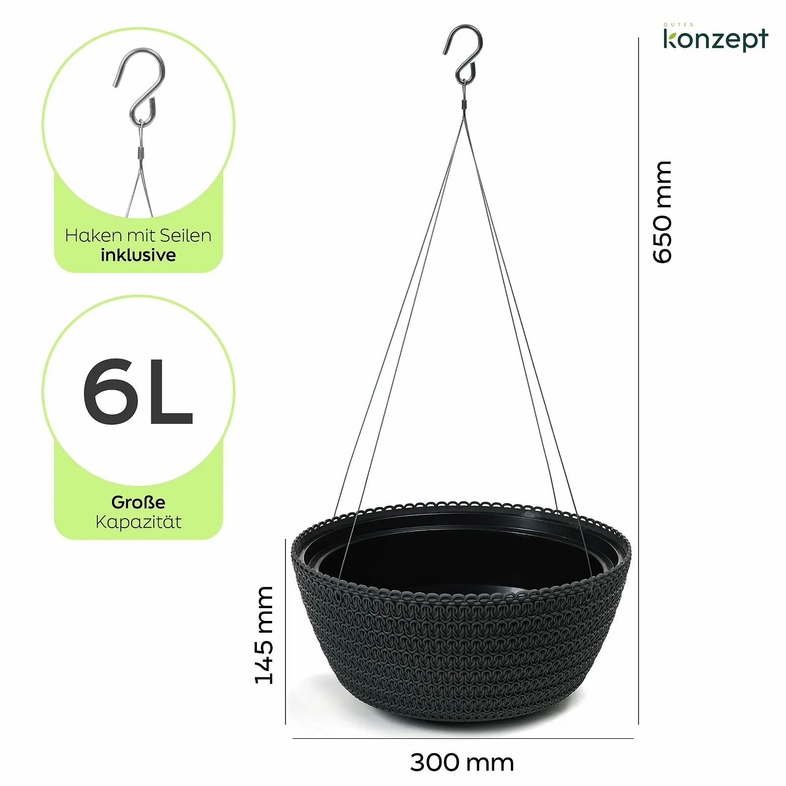 Підвісний кошик KONZEPT з візерунком плетіння діаметр 30 см Антрацит, фото №2 Підвісний кошик KONZEPT з візерунком плетіння діаметр 30 см Антрацит, фото №2