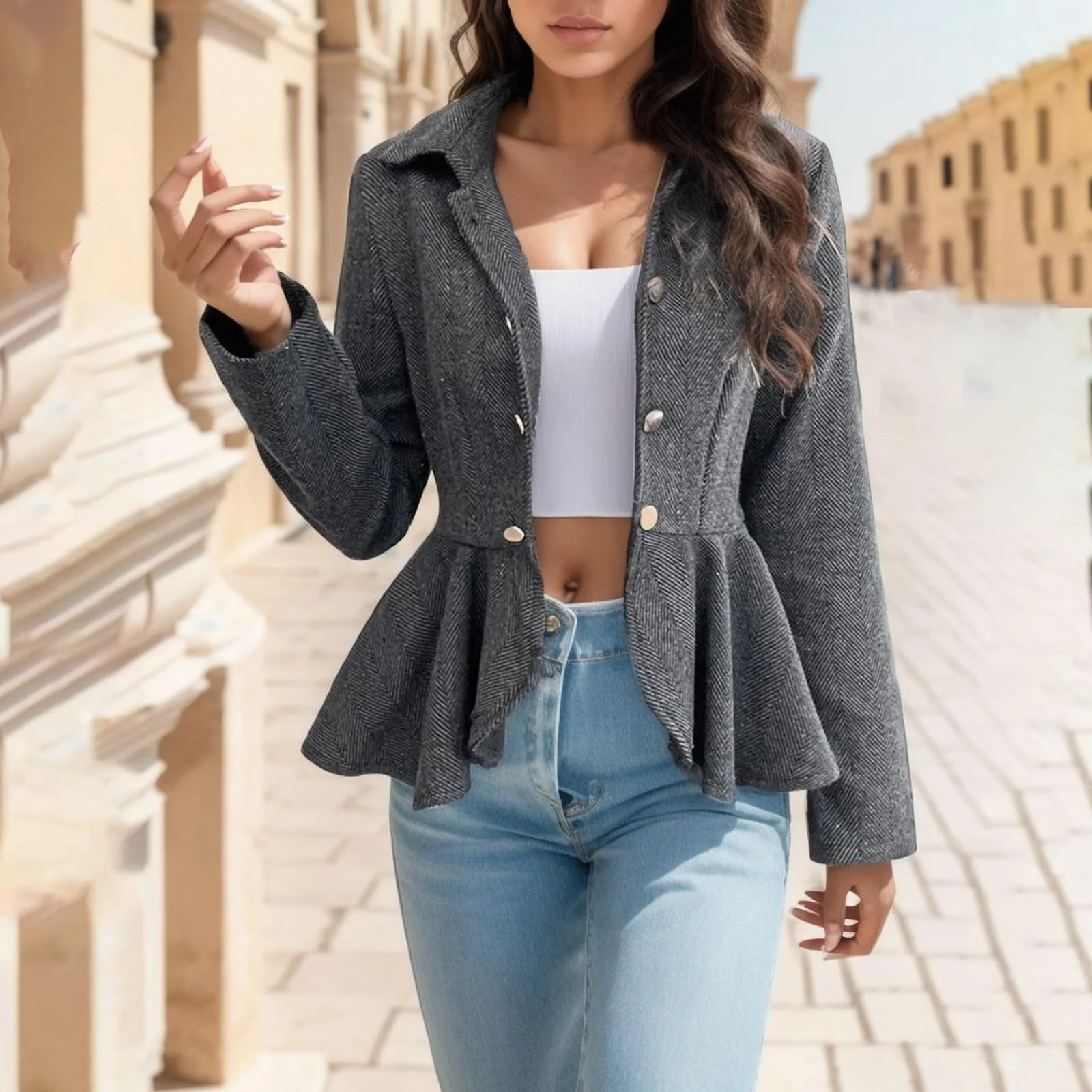 Жіноче пальто Peplum Jacquard з квітковим візерунком, сіре, розмір 22/24 28/30, фото №2 Жіноче пальто Peplum Jacquard з квітковим візерунком, сіре, розмір 22/24 28/30, фото №2