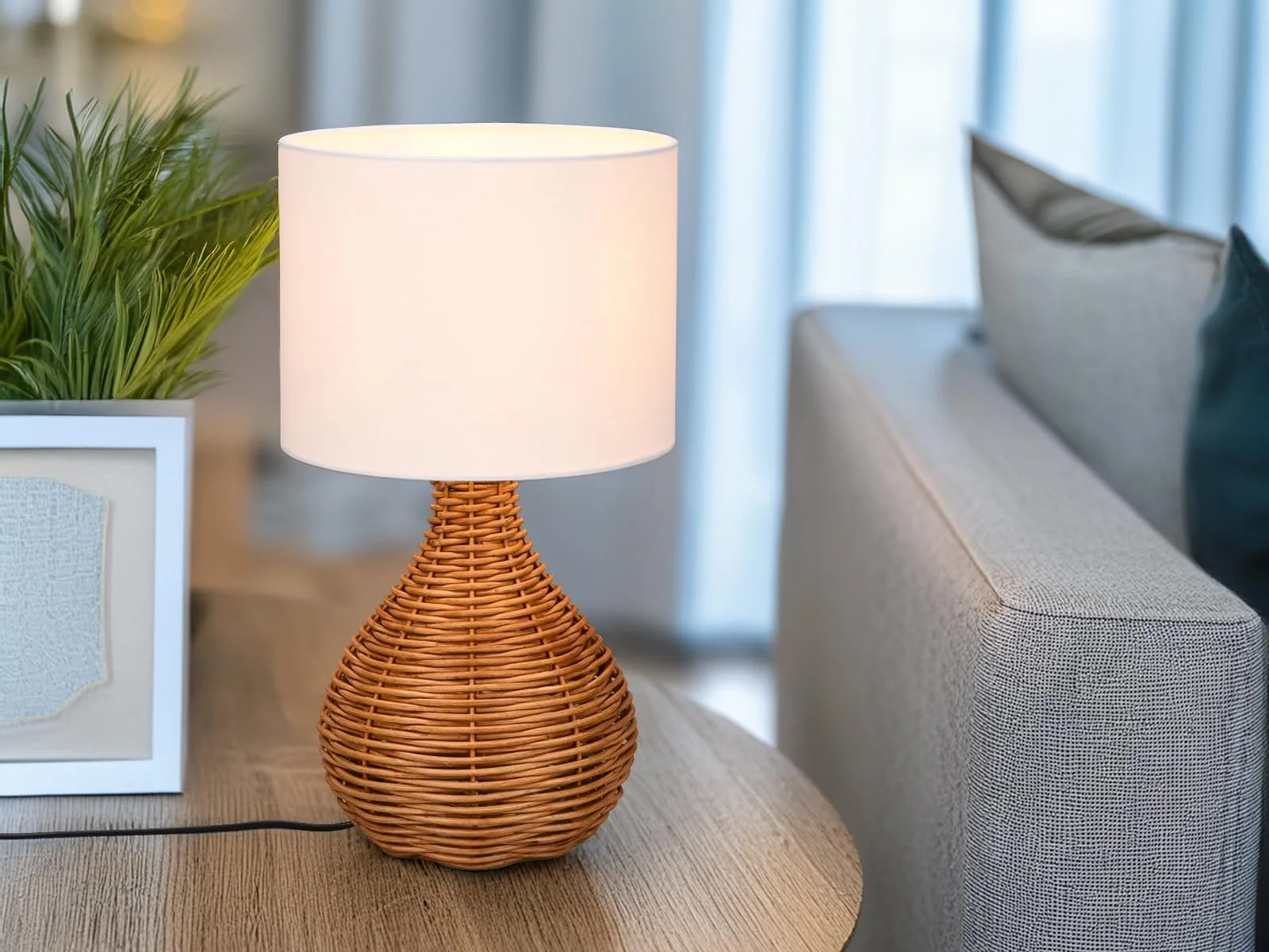 Настільна лампа meineWunschleuchte Велика Ротанг Тканинний абажур Стиль Бохо Кругла Діаметр 22 см Натуральний Білий, фото №7