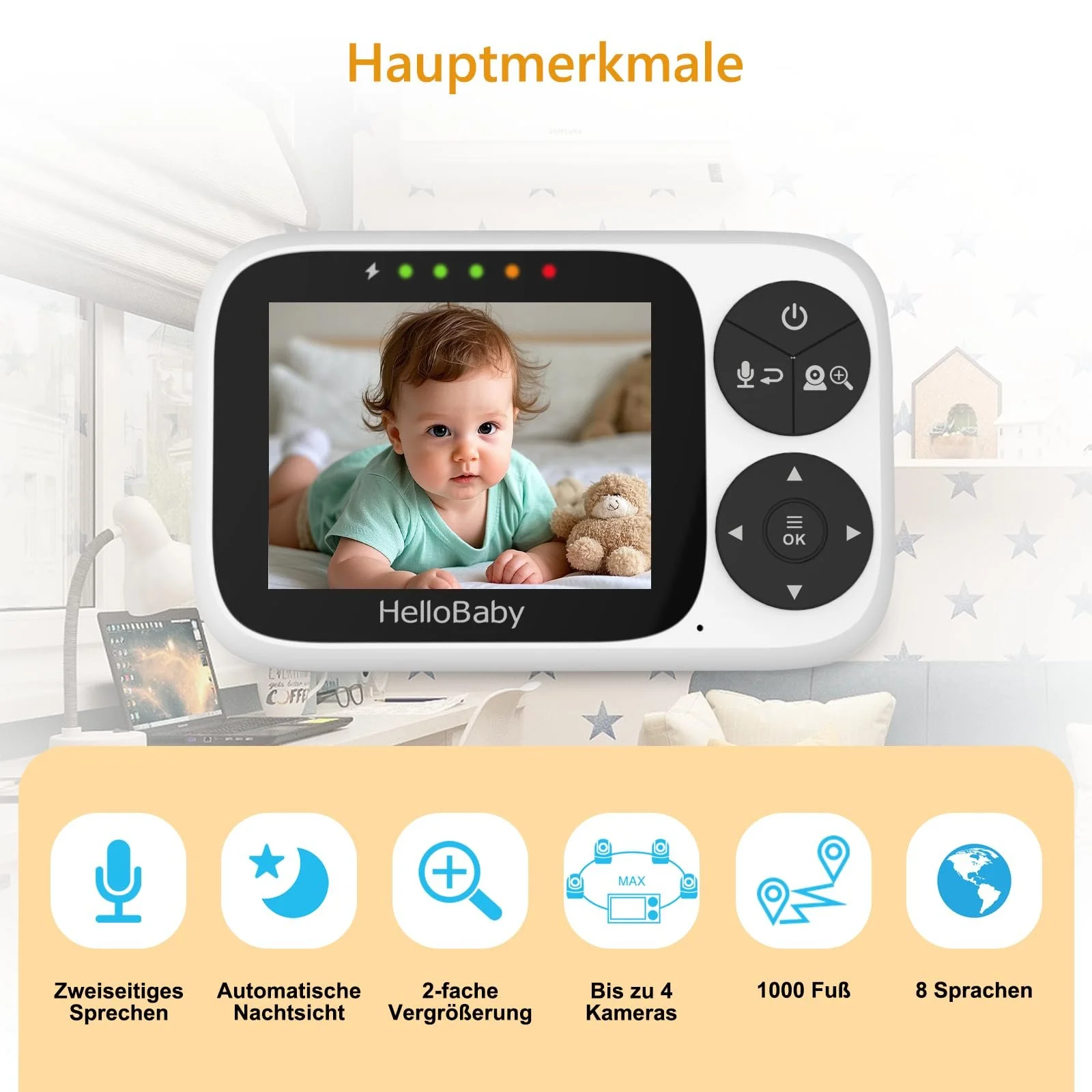 Відеоняня HelloBaby 3.2 дюйма IPS Night Vision Pan Tilt Zoom, фото №4 Відеоняня HelloBaby 3.2 дюйма IPS Night Vision Pan Tilt Zoom, фото №4