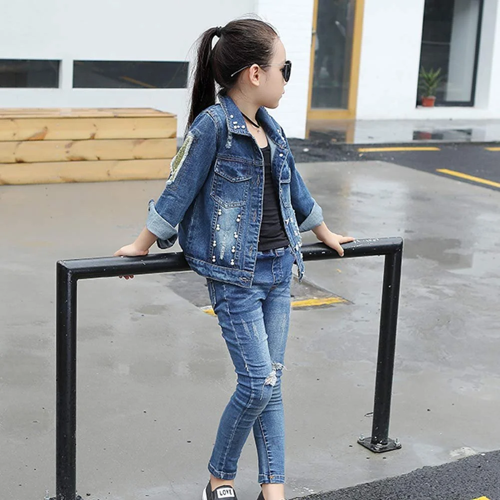 Джинсова куртка для дівчаток LSHEL з довгими рукавами, метелики, перехідна куртка з паєтками, фото №5