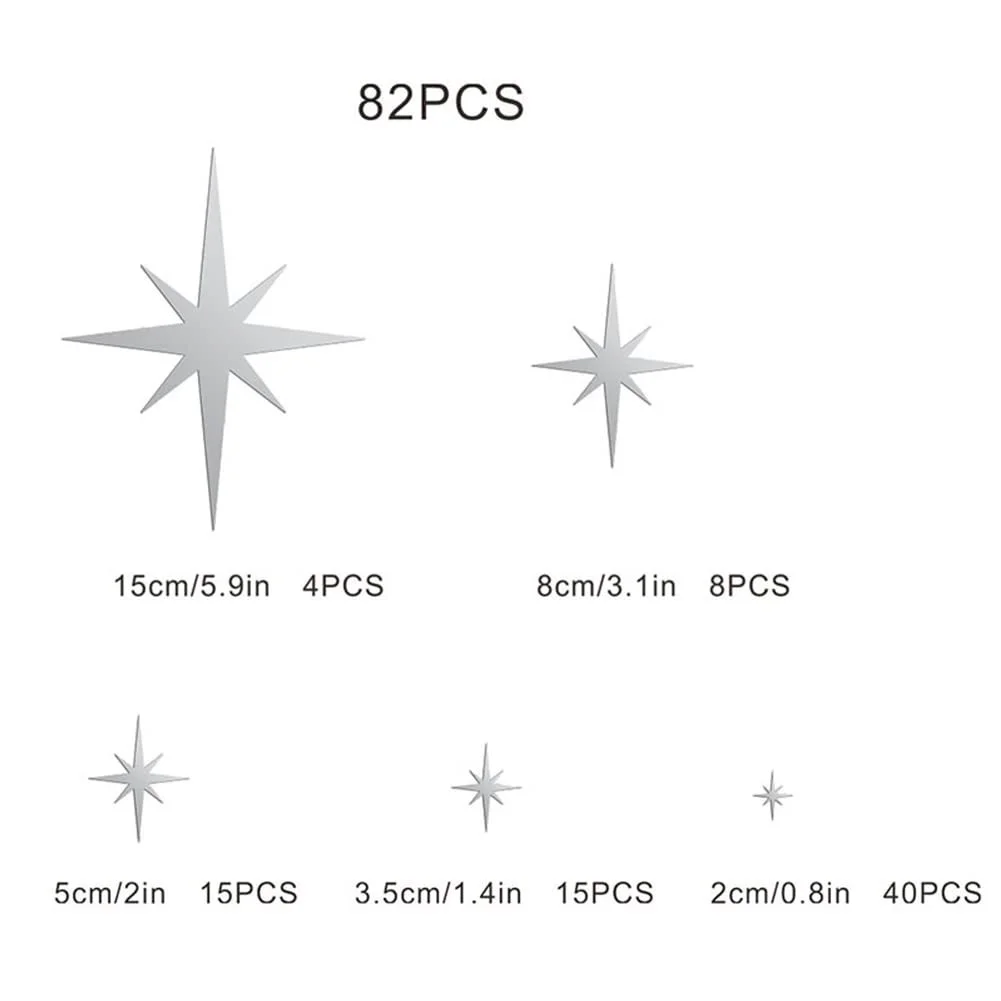 Наклейка на стену зеркальная Stars 82 шт. 3D самоклеящаяся серебристая, фото №6