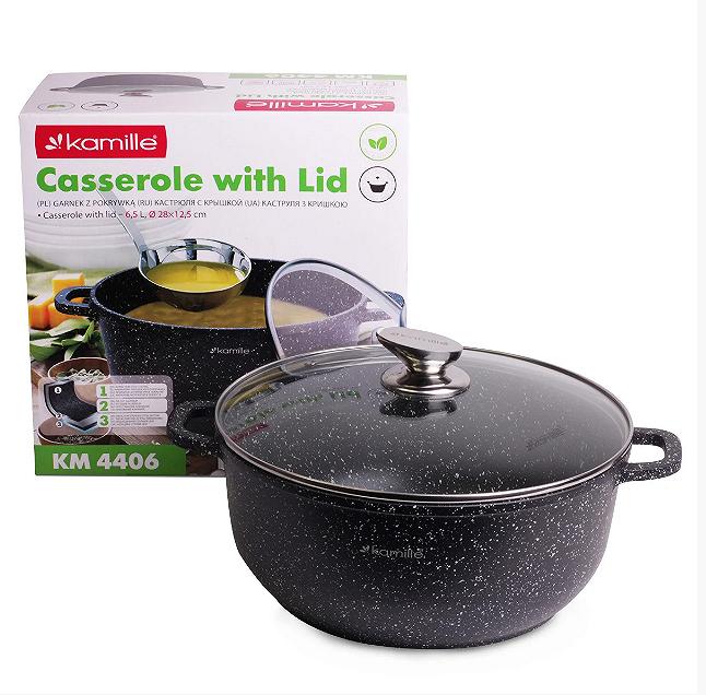 Кастуля 6,5 л з літового алюмінію з антипригарним покриттям і скляною покриттям Kamille KM-4406, фото №1
