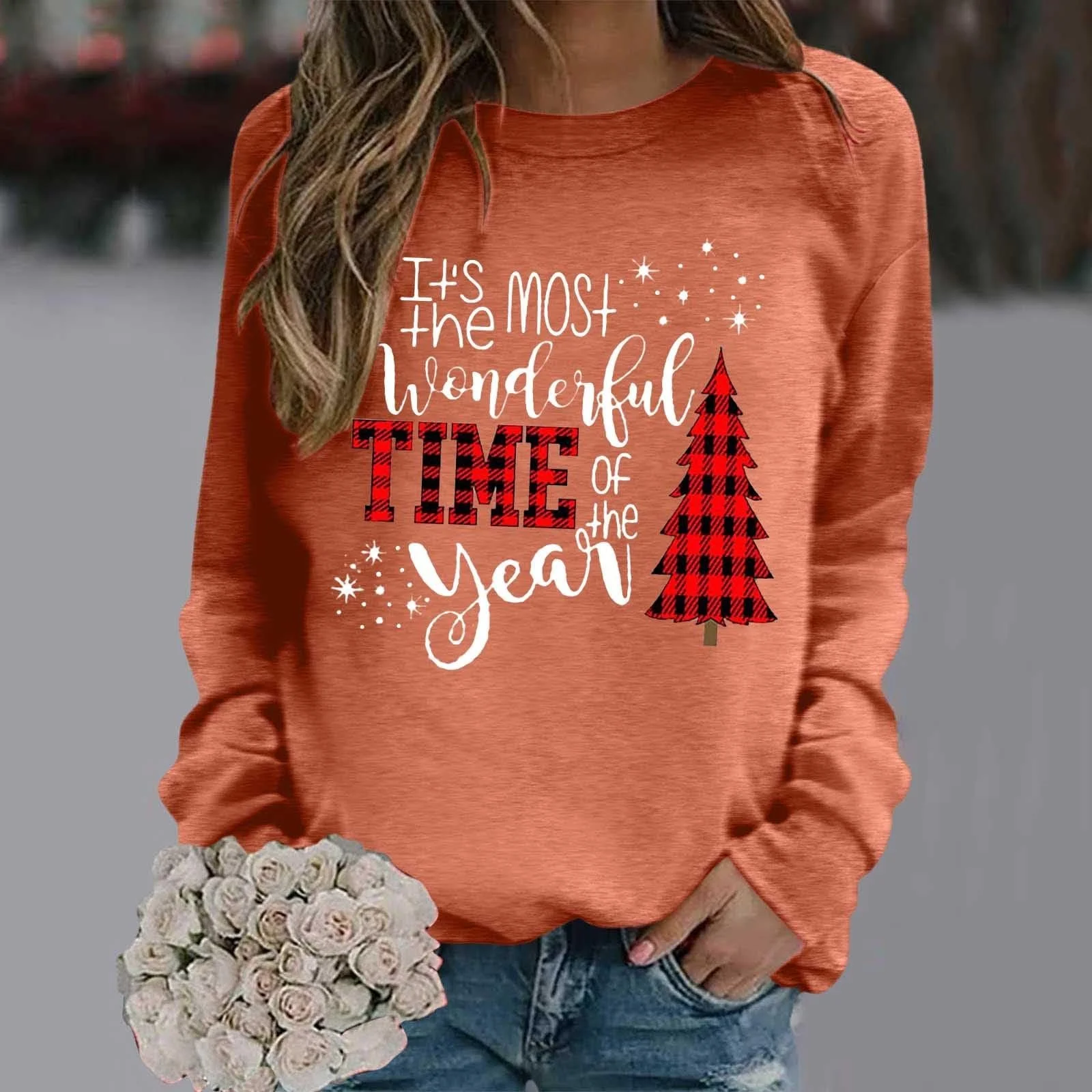 Жіночий Cвітшот Різдвяний светр З круглим вирізом З довгими рукавами Теплий зимовий верх, фото №4