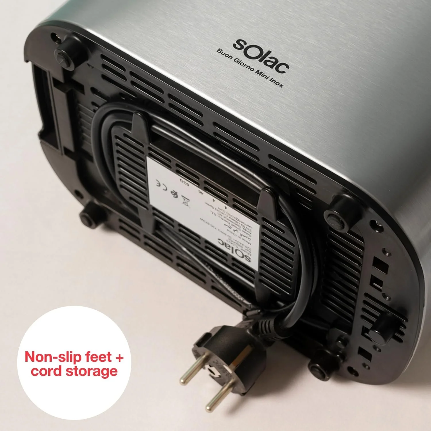 Тостер Solac Buon Giorno Mini Inox, 870 Вт,  6 рівнів підсмажування, 3 функції, 2 скибочки, самоцентрування, LED-підсвітка, висувний піддон для крихт, сірий, фото №9