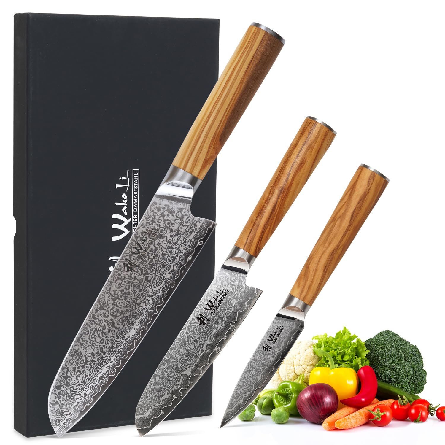 Набор ножей Wakoli Oribu Damask Kiritsuke, 3 шт, лезвия 11-20 см, 67 слоев, дамасская сталь, ручка оливковое дерево, фото №1