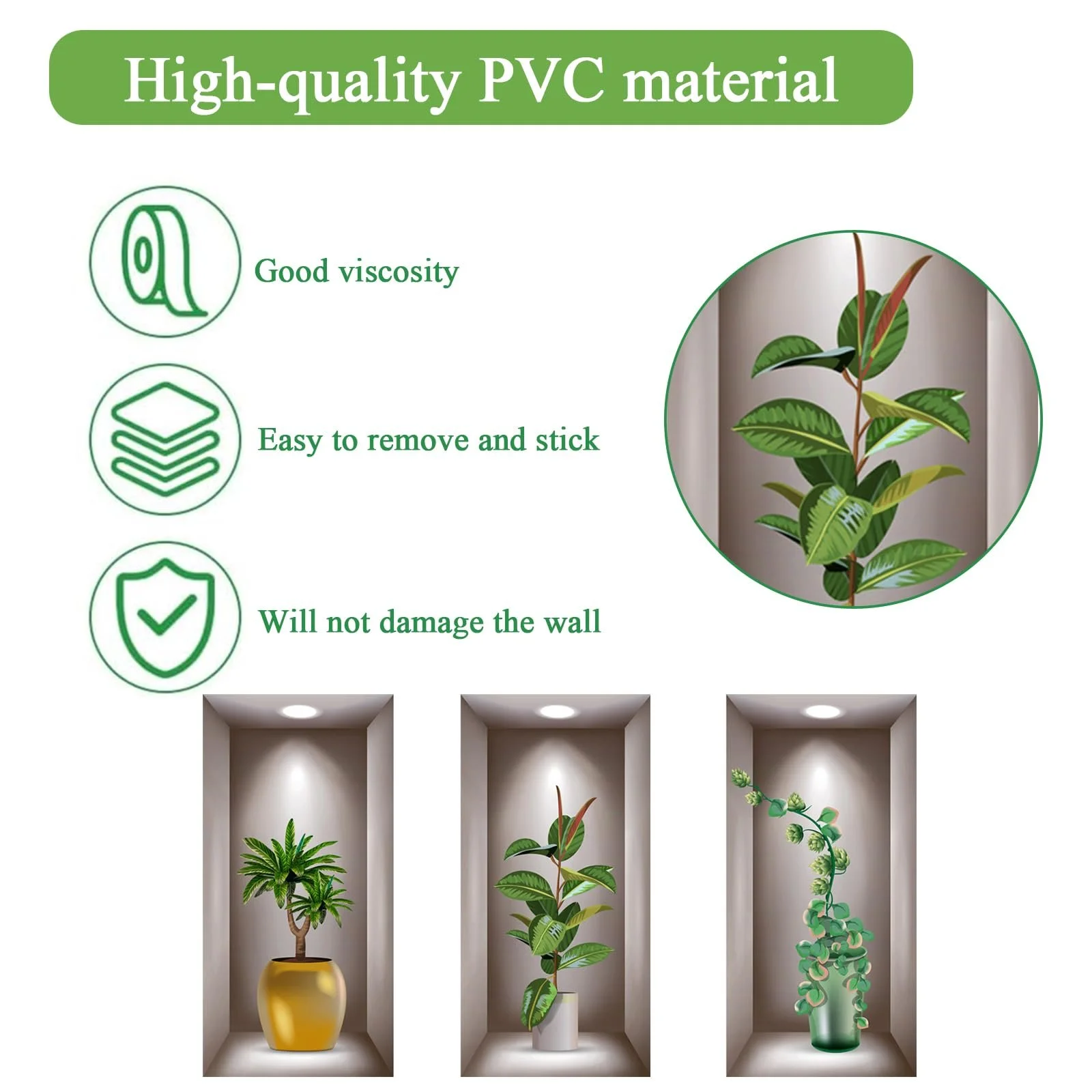 3D Наклейка на стіну Ваза 20 x 40 см Зелена Рослини 3D-ефект, фото №3