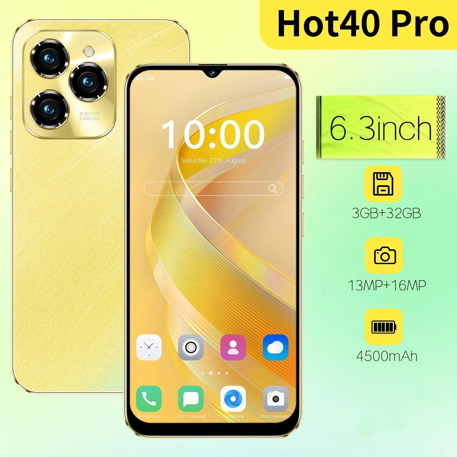 Мобильный телефон JoyHandy Hot40Pro 4G 6.3" HD 32GB Android 12.0 Gold, фото №2