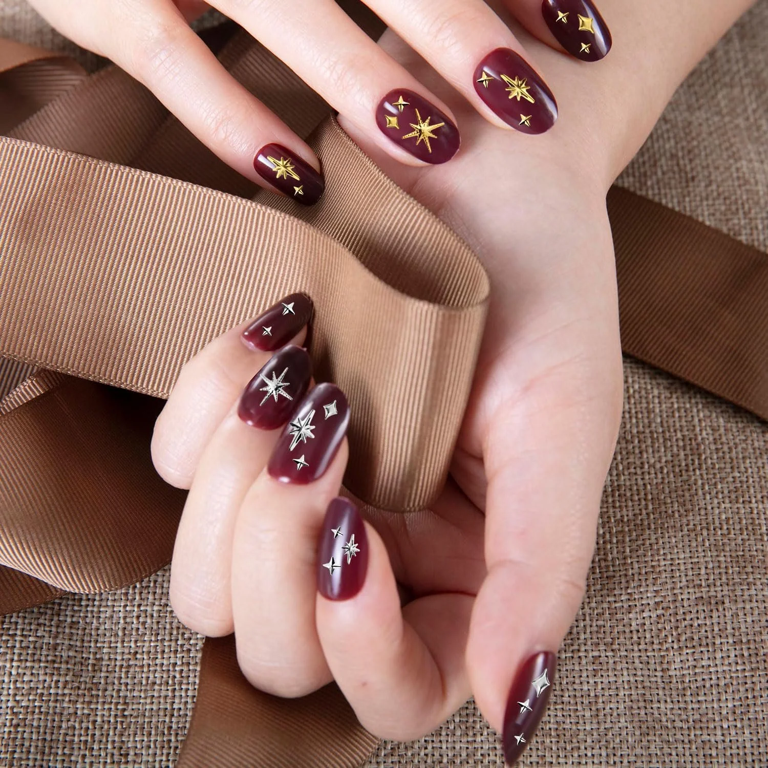 Подвески звёздочки для ногтей, 400 шт, 6 стилей, 3D украшения для ногтей, золотой, серебряный, фото №7