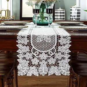 Столова доріжка Мереживна Macrame Квіти 30 x 140 см Біла - Фото 1