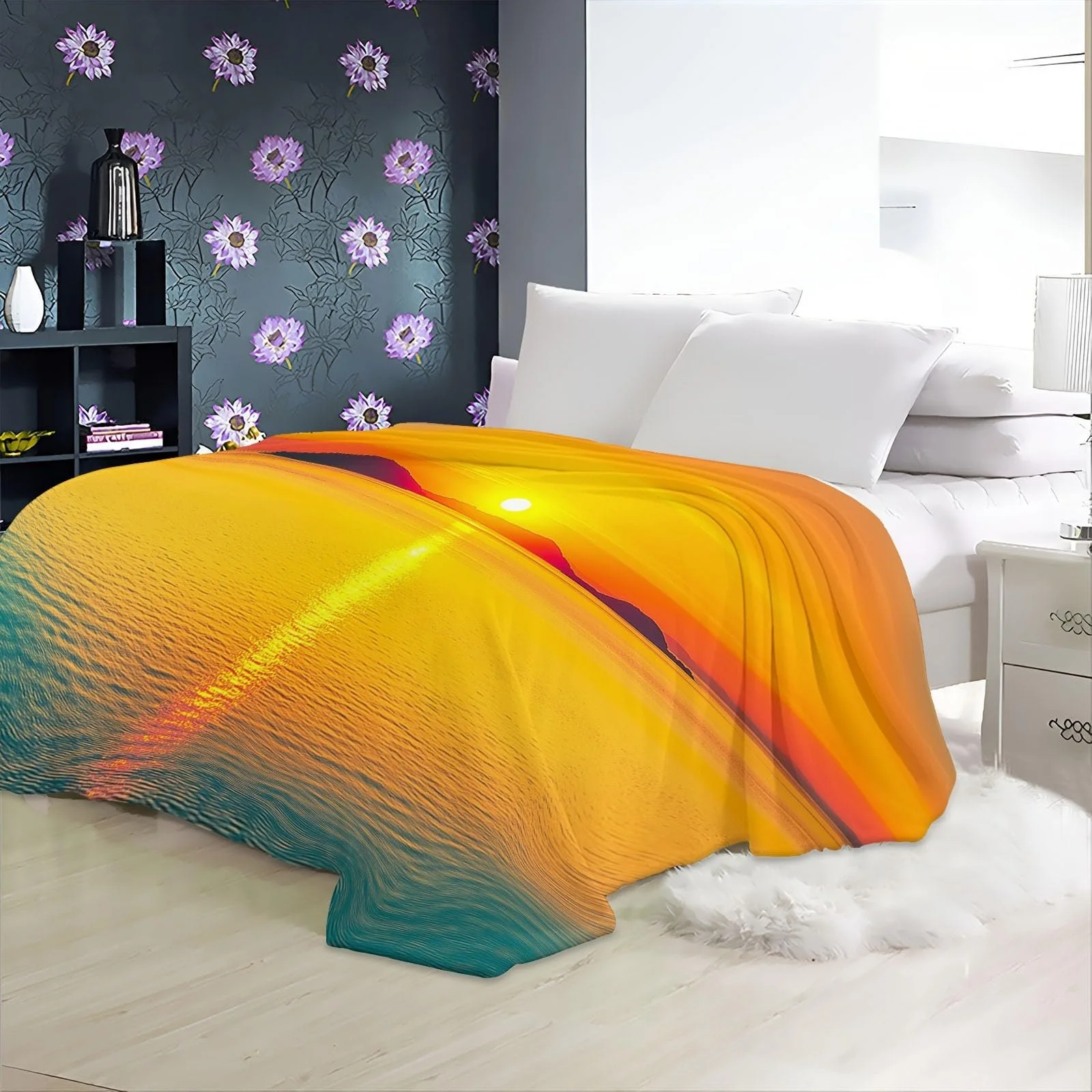 Одеяло Halloween Флисовое Оранжевый Цвет С принтом Закат Побережье Острова 200 x 220 см, фото №3