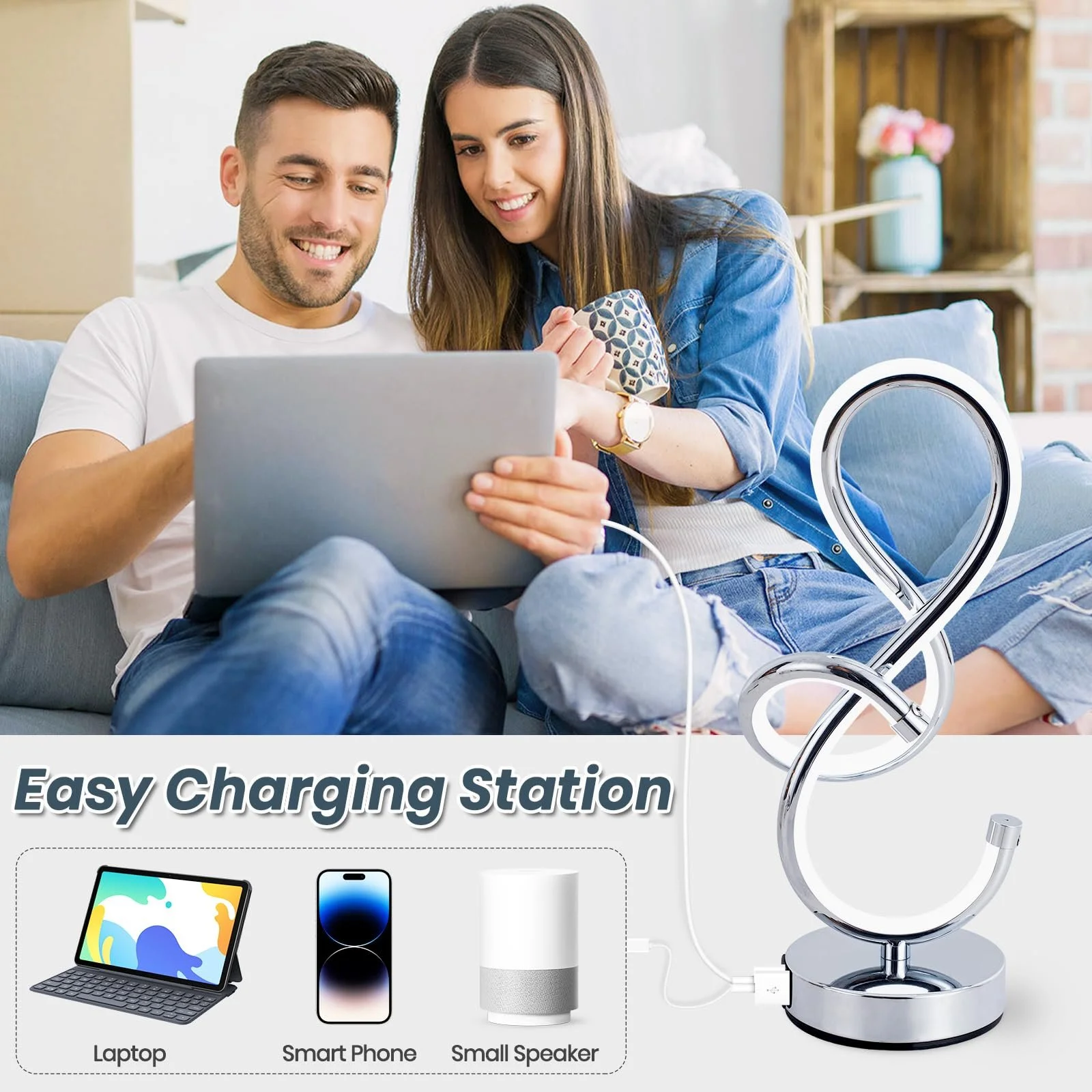 Настільна лампа LED спіральна сенсорна з регулюванням яскравості USB Type-C срібляста, фото №3