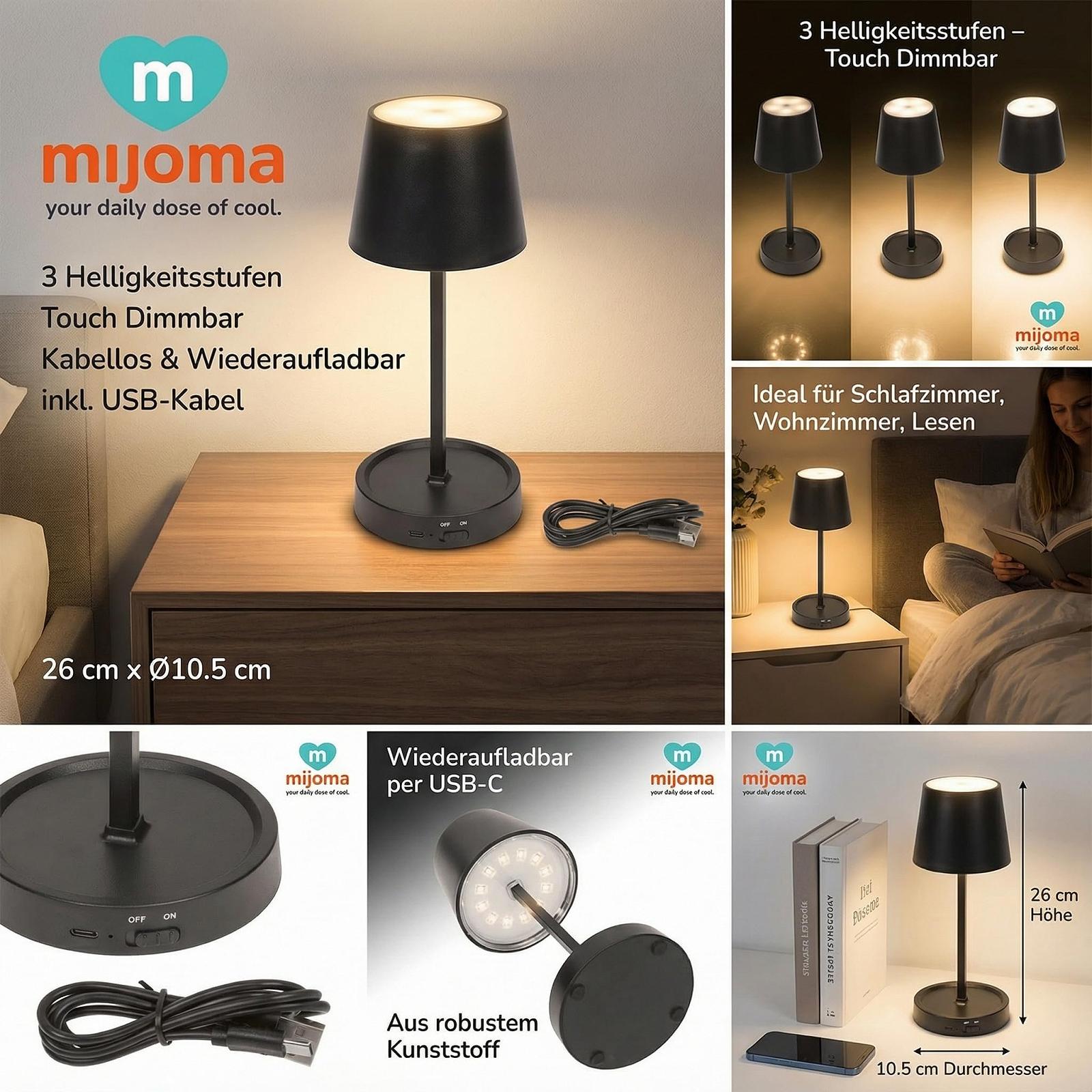 Настільна лампа LED акумуляторна бездротова сенсорна димована чорна пластик 26 см, фото №2