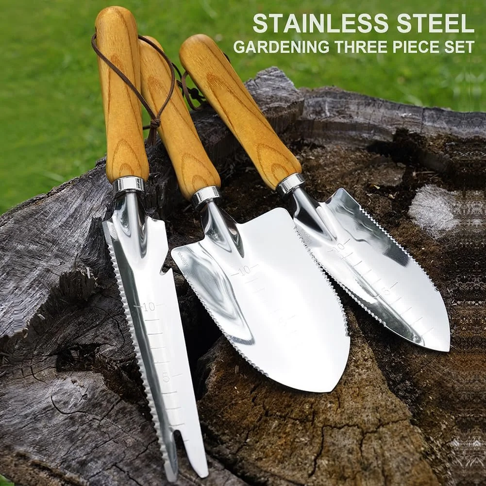 Кельма садова з мітками глибини, ергономічною дерев'яною ручкою, інструмент з нержавіючої сталі для посадки, прополки, пересадки і розгладження ґрунту, фото №7