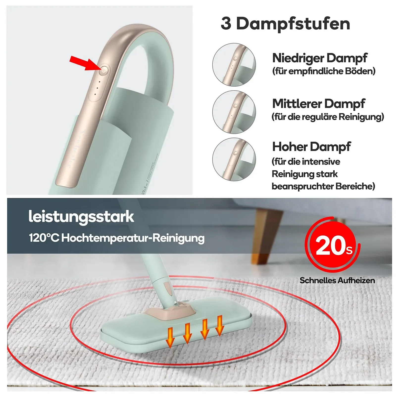 Пароочисник 2-в-1 Newbealer Ручний 1200 Вт знімний з 3 рівнями пари 7 аксесуарами і 2 насадками з мікрофібри, фото №2 Пароочисник 2-в-1 Newbealer Ручний 1200 Вт знімний з 3 рівнями пари 7 аксесуарами і 2 насадками з мікрофібри, фото №2