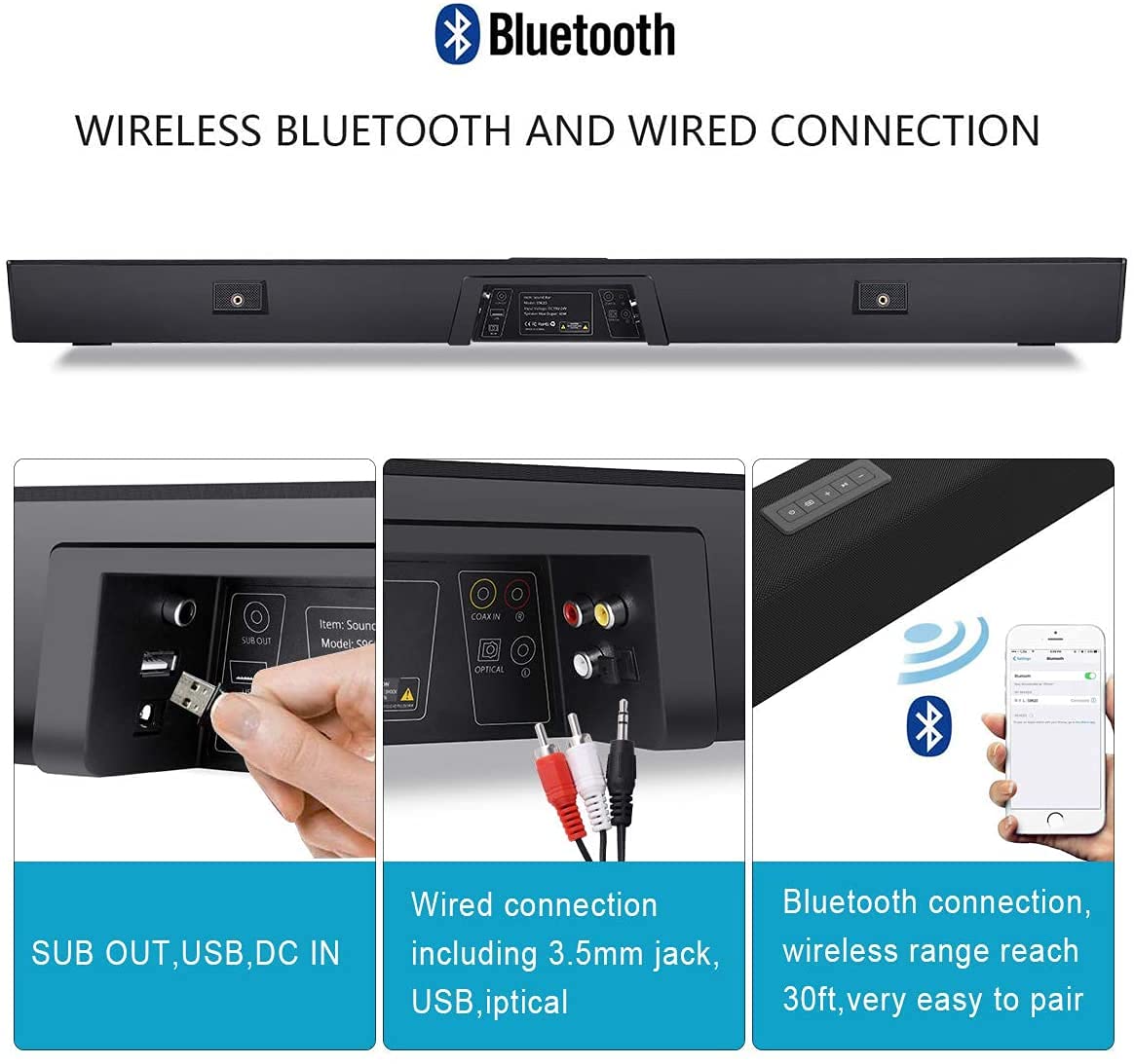 Soundbar Topchances 2.1Ch S9621 100W 38" Wired з сабвуфером Bluetooth чорний, фото №5
