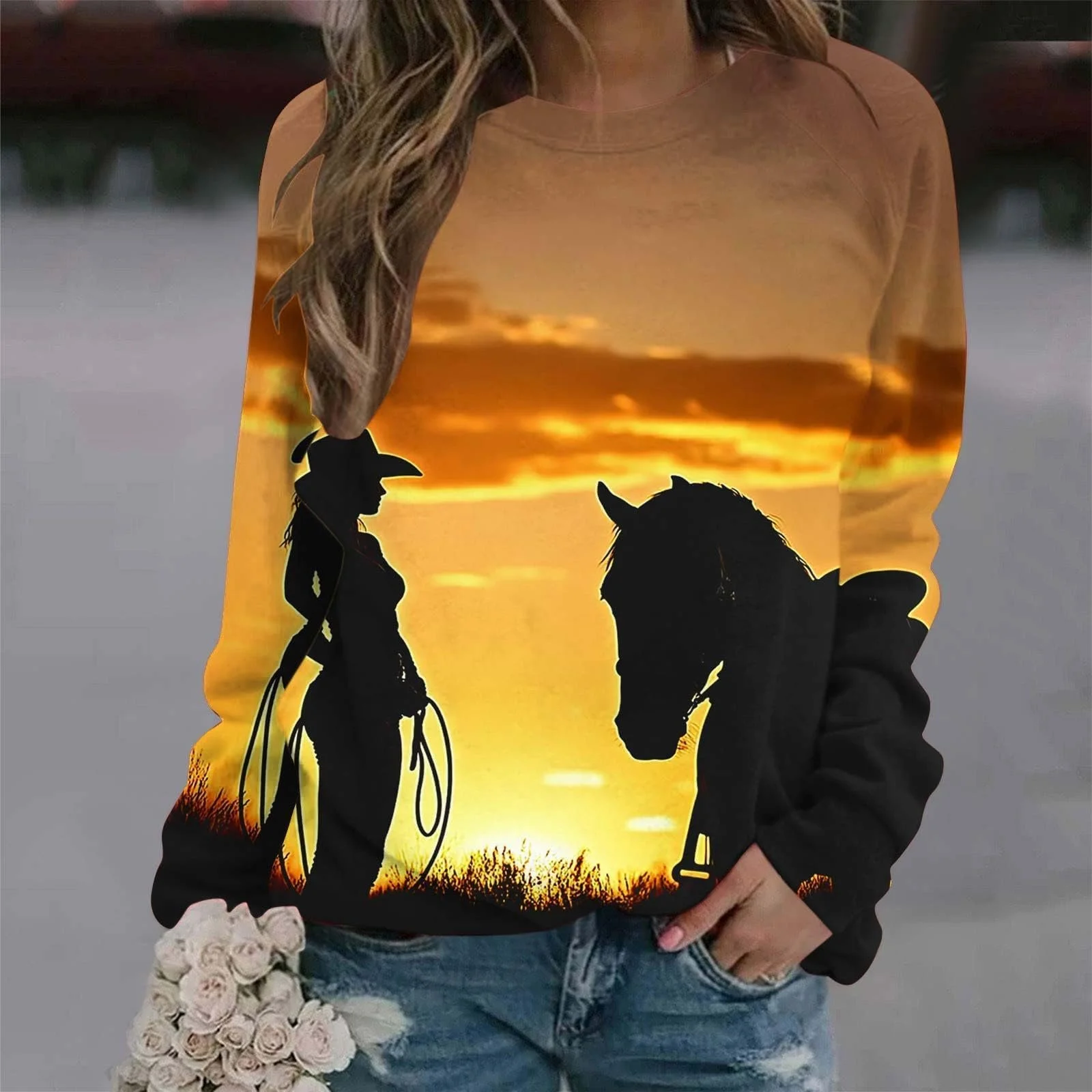 Рубашка с длинными рукавами Komiseup Basic, круглый вырез, свободный свитер без капюшона, западный ковбойский принт, праздничная спортивная рубашка, модный топ с принтом лошади, подростковая девушка, уличная одежда 08, фото №6