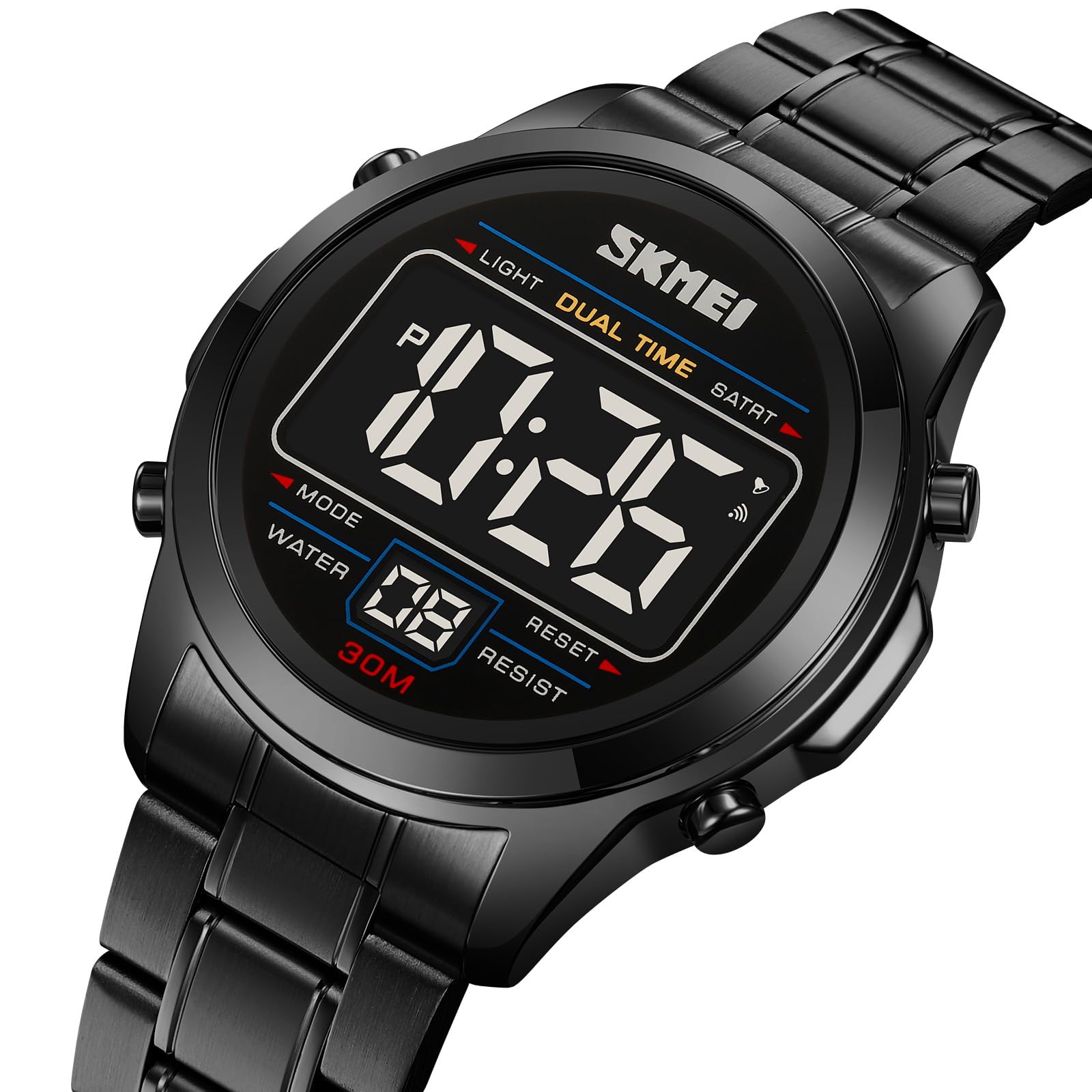 Цифровые часы Luxury Sporty Мужские Часы Military Stainless Steel LED Alarm Clock Digital Мужские Часы Водонепроницаемые с Секундомером Дата Двойное Время 12/24H Многофункциональные Черный Браслет, фото №2