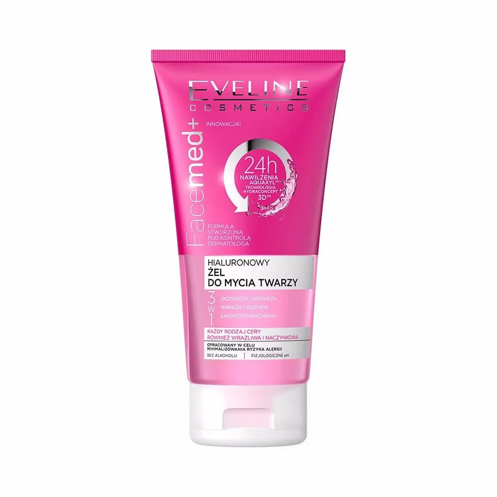 Гель для вмивання Eveline Cosmetics Facemed+ Hyaluronic 3-в-1 з D-пантенолом і алантоїном глибоке зволоження та відновлення для чутливої шкіри, 150 мл, фото №1