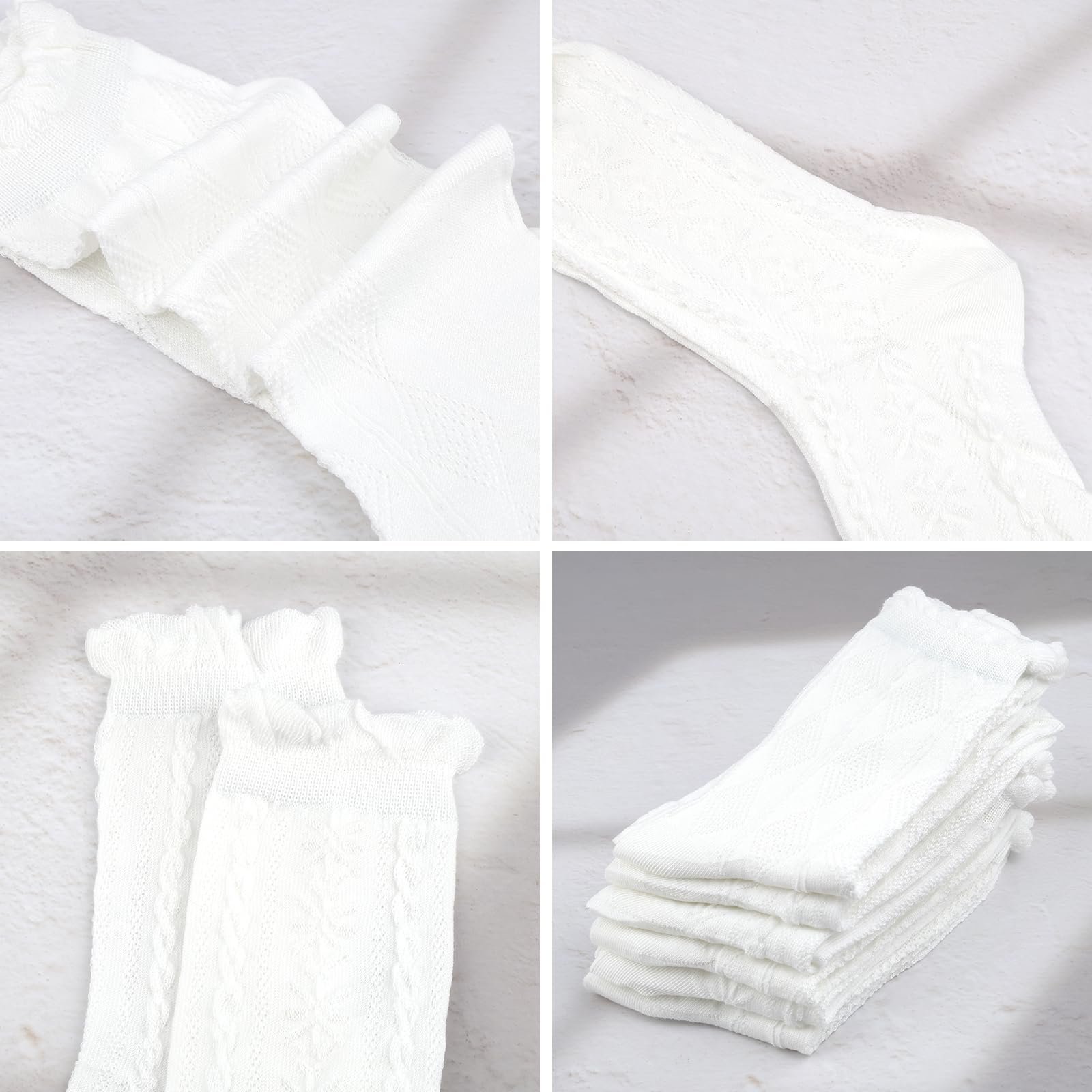 Набор носков с оборками, 6 пар Белые хлопковые носки с оборками для женщин, Удобные носки с оборками средней высоты, Мягкие дышащие трикотажные носки с ромбовидным и цветочным узором, фото №5